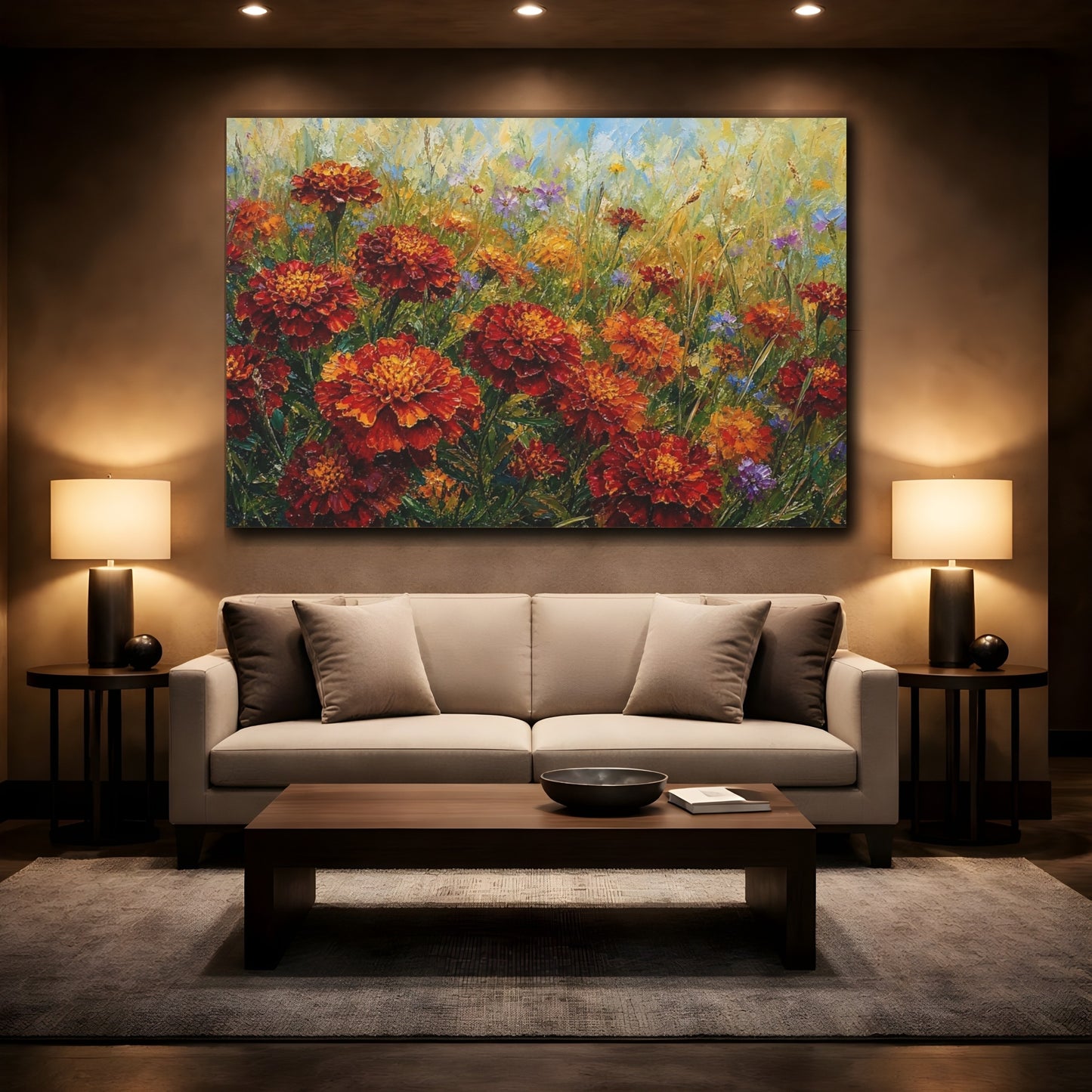Mockup 2. Floral Marigold Flowers Orange Marigold Field shown as stretched canvas wall art