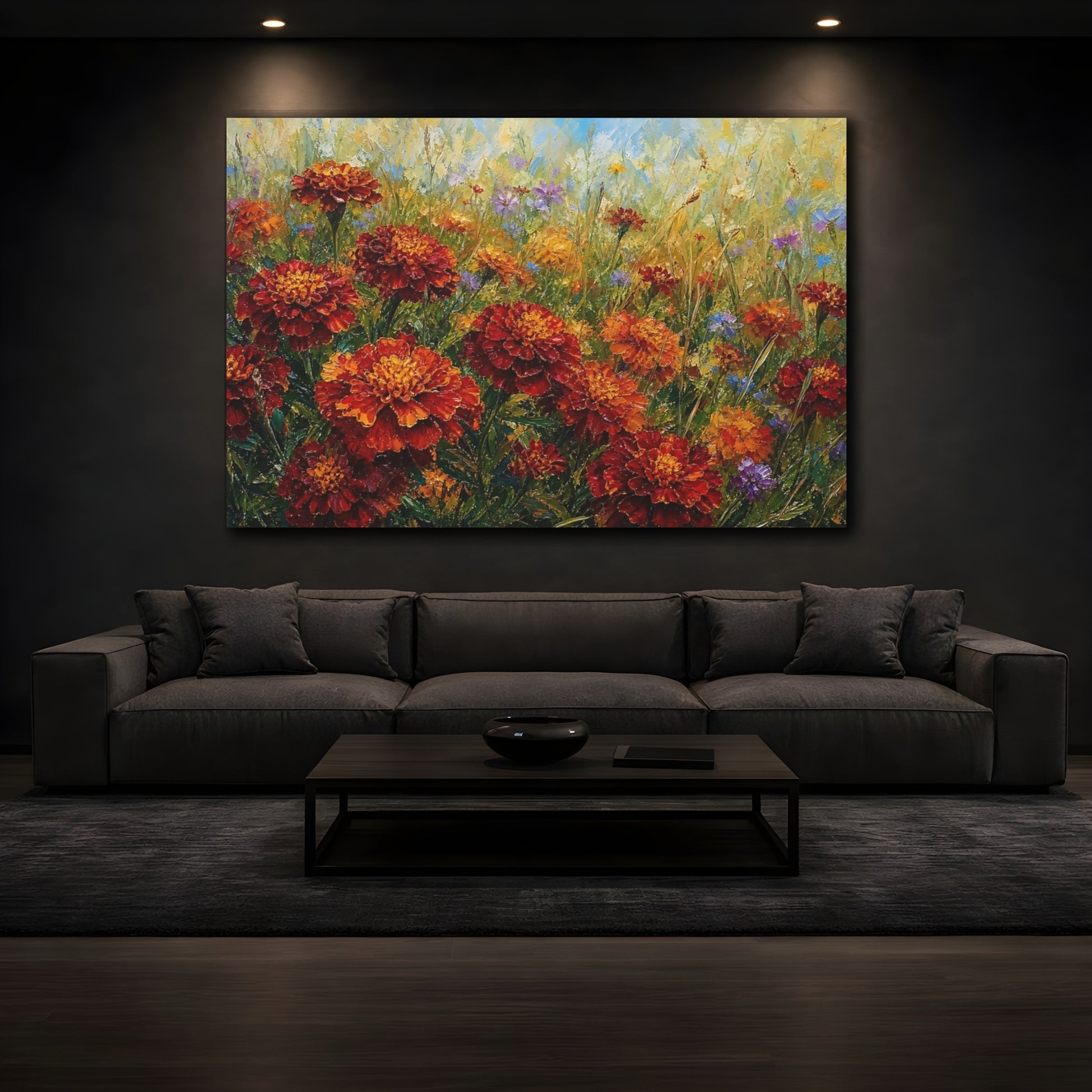Mockup 3. Floral Marigold Flowers Orange Marigold Field shown as stretched canvas wall art