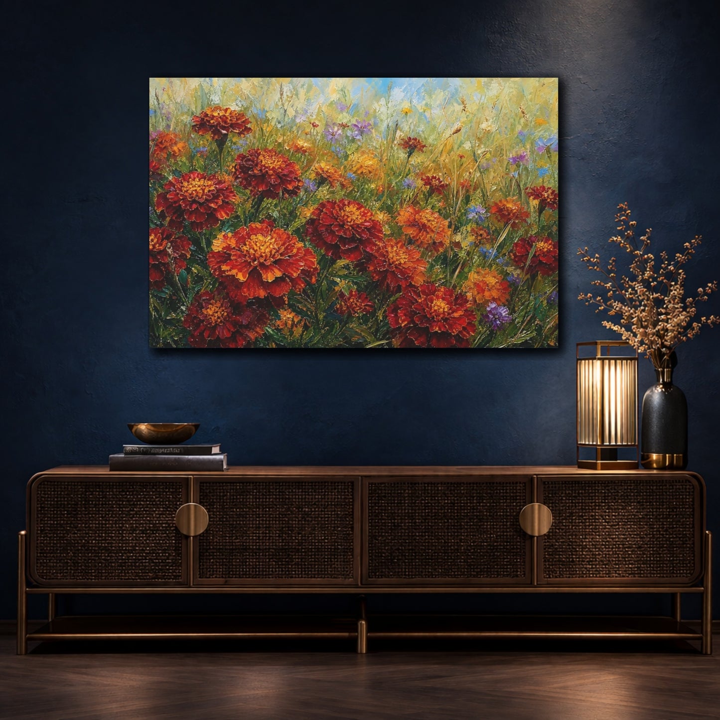 Mockup 4. Floral Marigold Flowers Orange Marigold Field shown as stretched canvas wall art