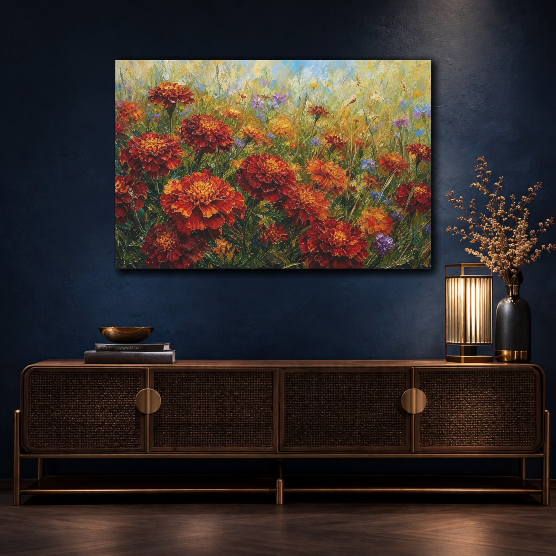 Mockup 4. Floral Marigold Flowers Orange Marigold Field shown as stretched canvas wall art