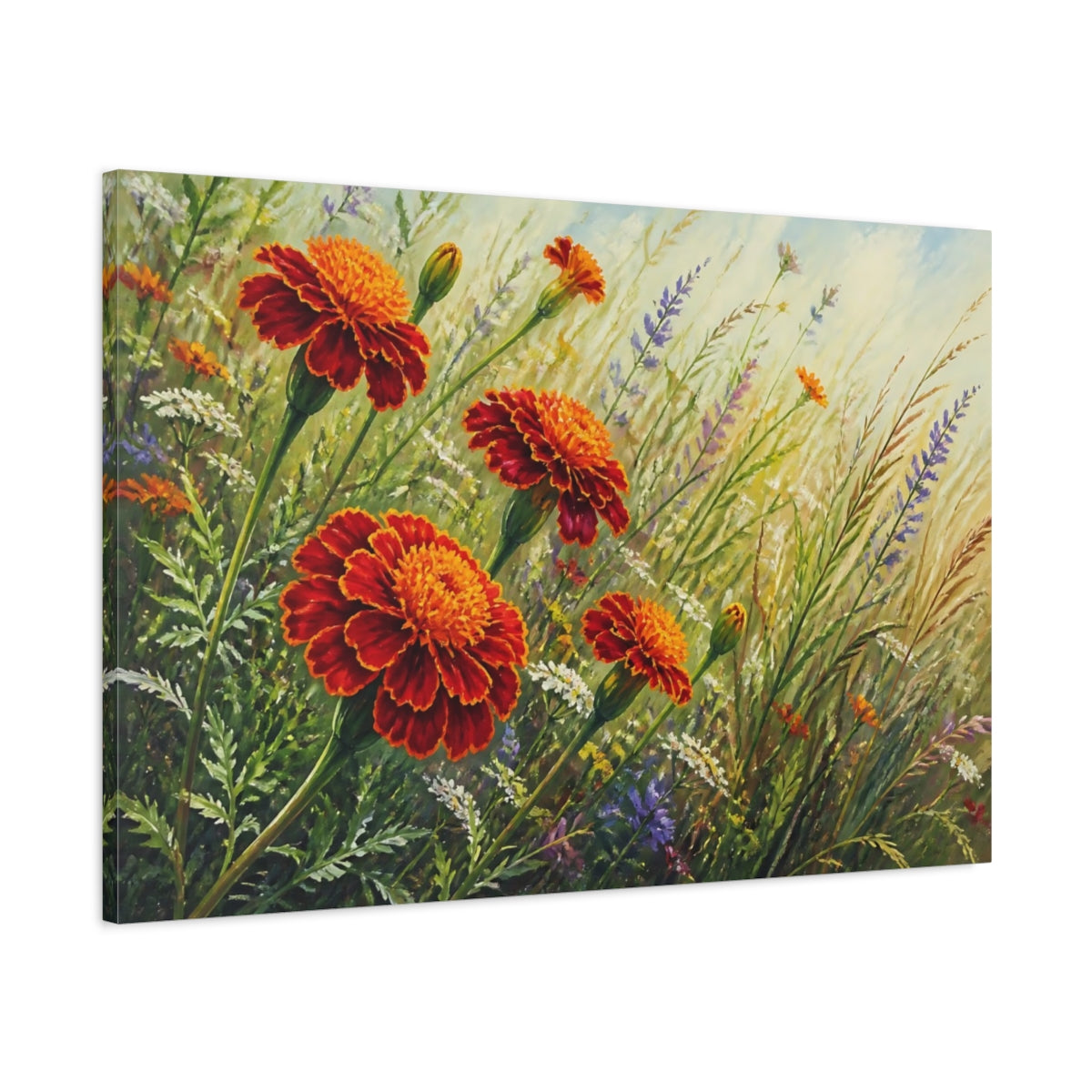 Main Mockup. Floral Marigold Flowers Orange Marigolds shown as stretched canvas wall art