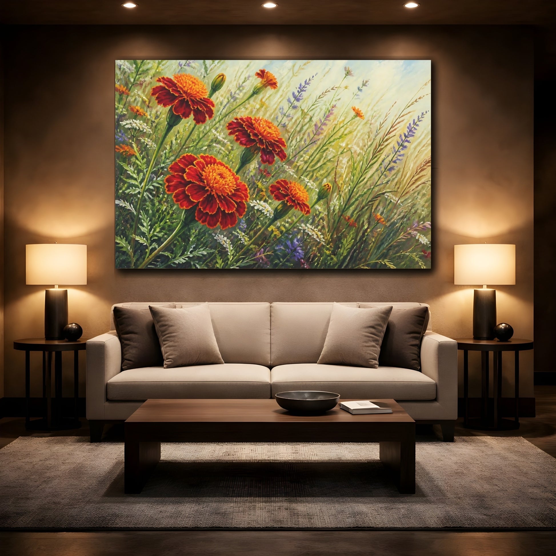 Mockup 2. Floral Marigold Flowers Orange Marigolds shown as stretched canvas wall art