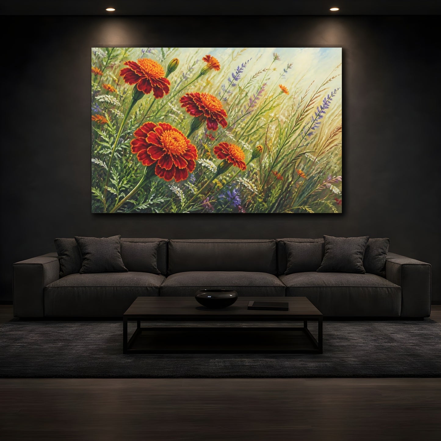 Mockup 3. Floral Marigold Flowers Orange Marigolds shown as stretched canvas wall art