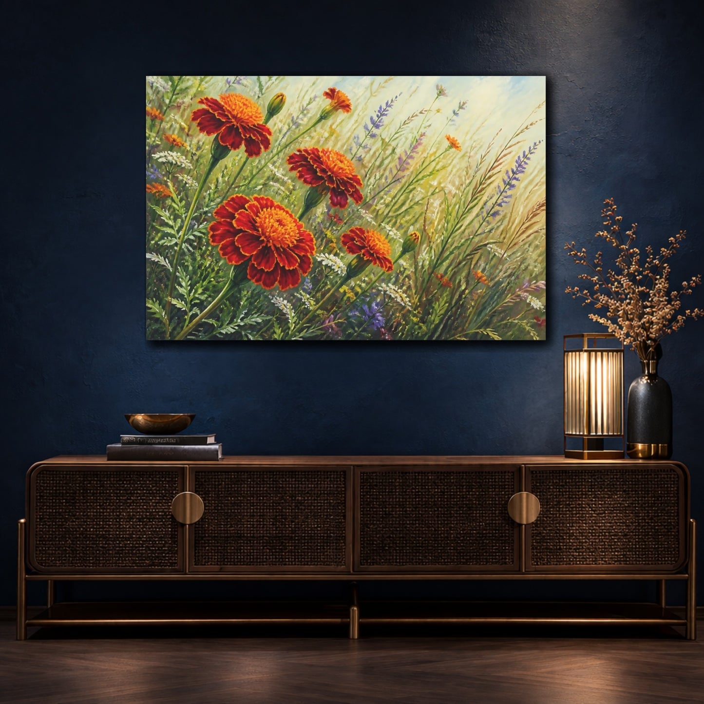 Mockup 4. Floral Marigold Flowers Orange Marigolds shown as stretched canvas wall art