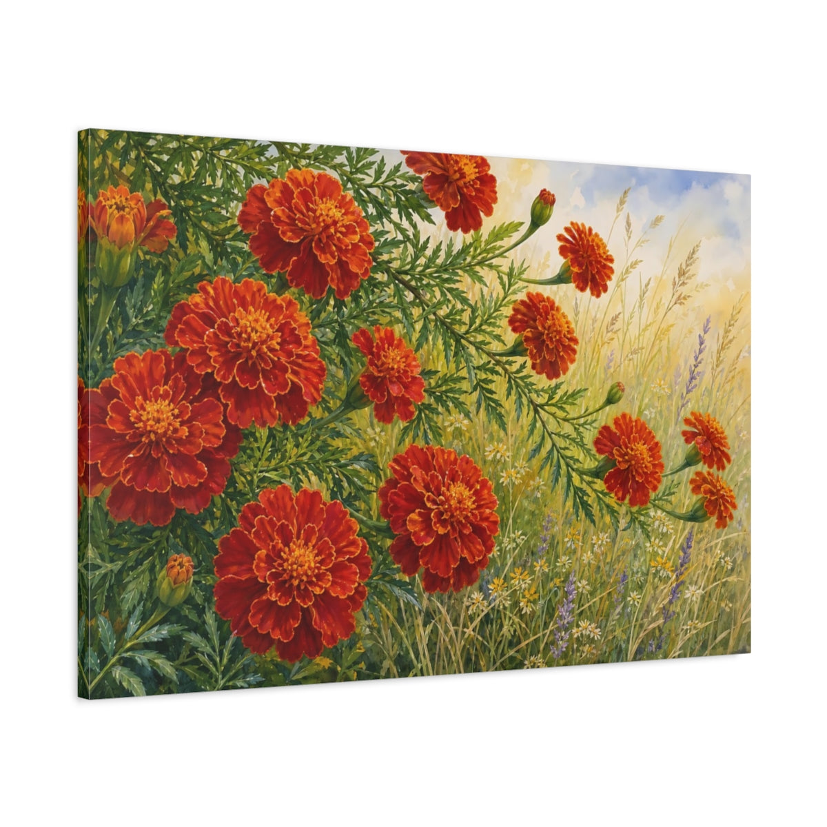 Main Mockup. Floral Marigolds Orange And Green shown as stretched canvas wall art