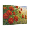Side Mockup 4. Floral Marigolds Orange And Green shown as stretched canvas wall art