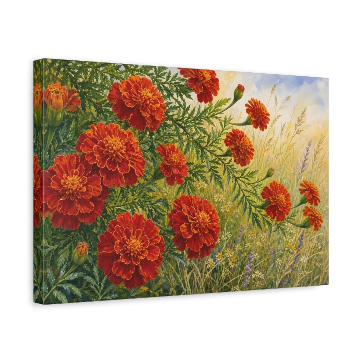 Side Mockup 4. Floral Marigolds Orange And Green shown as stretched canvas wall art