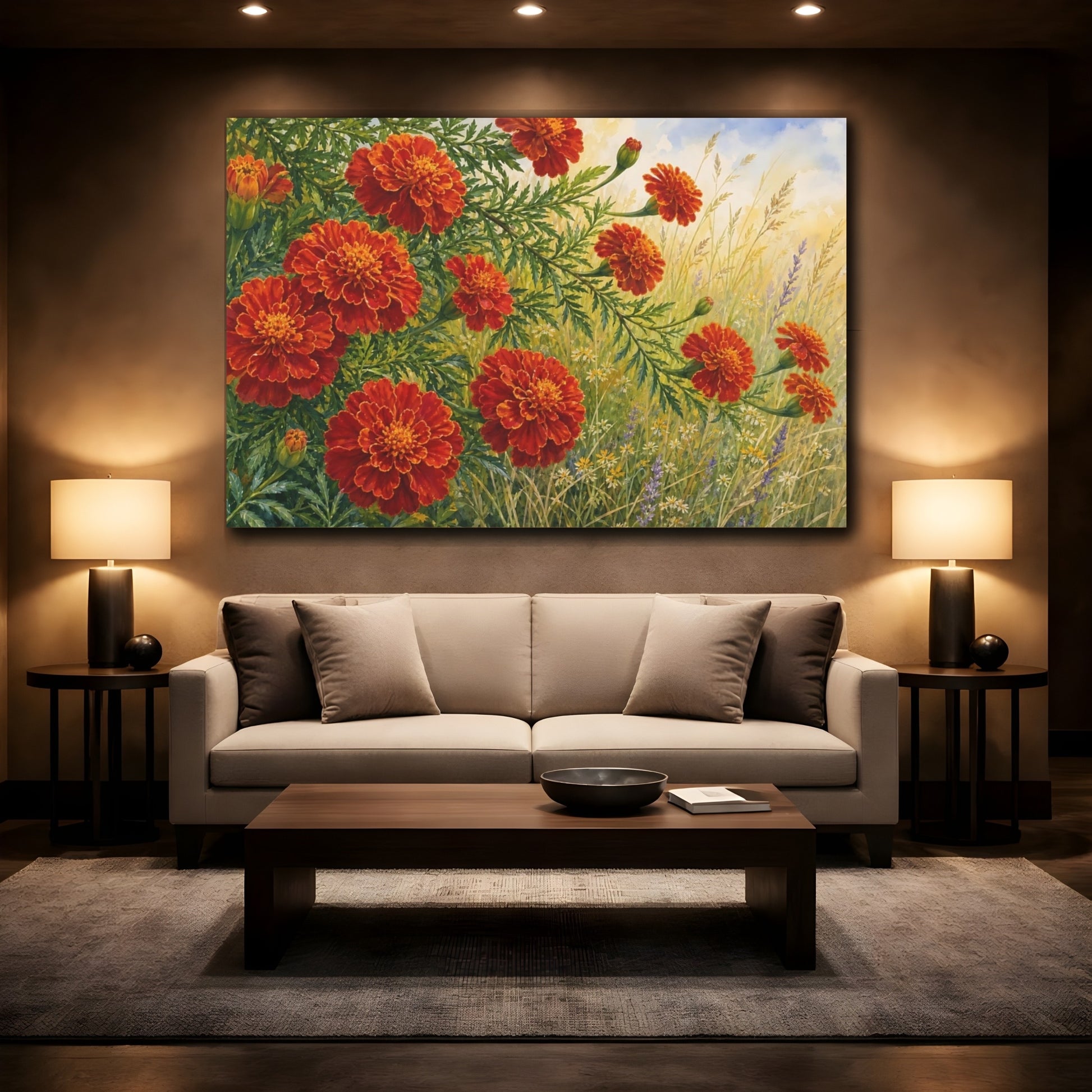 Mockup 2. Floral Marigolds Orange And Green shown as stretched canvas wall art