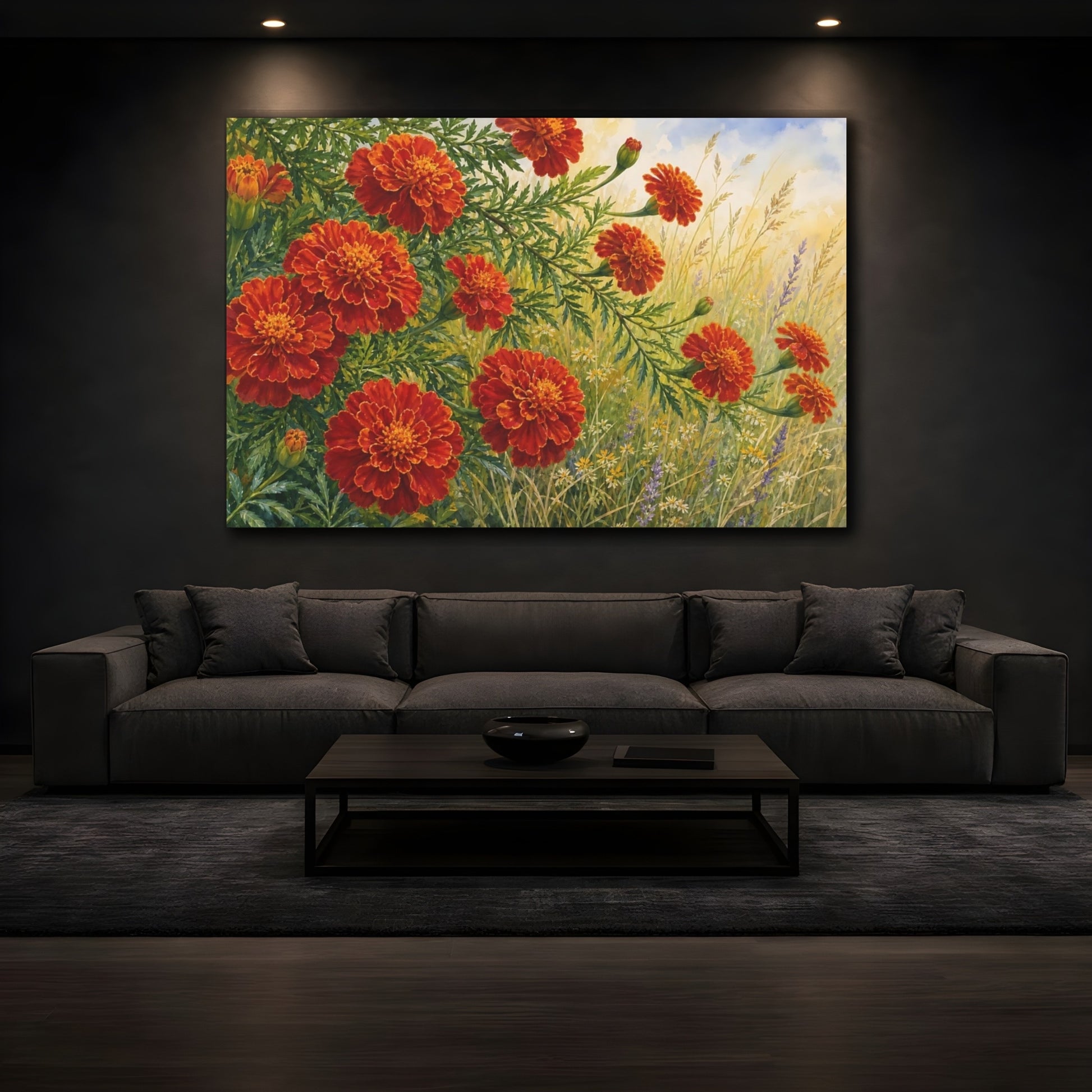 Mockup 3. Floral Marigolds Orange And Green shown as stretched canvas wall art