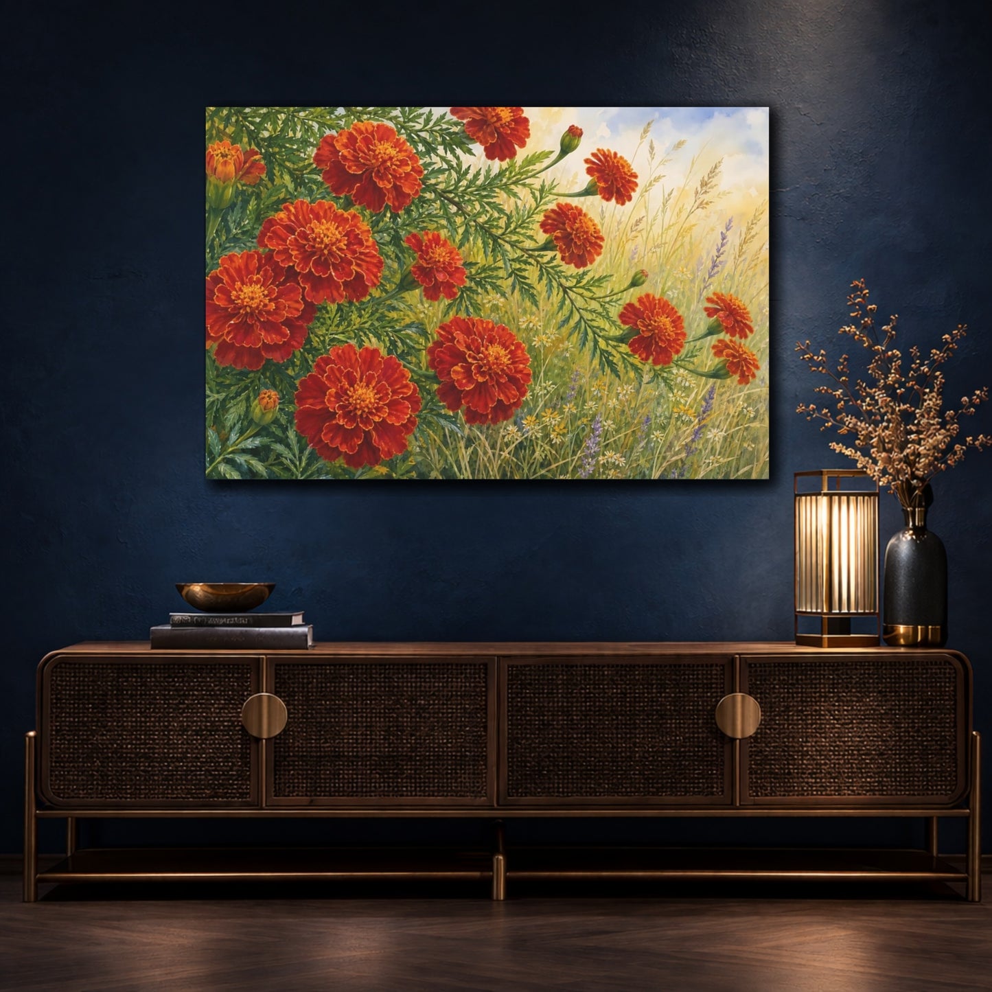 Mockup 4. Floral Marigolds Orange And Green shown as stretched canvas wall art