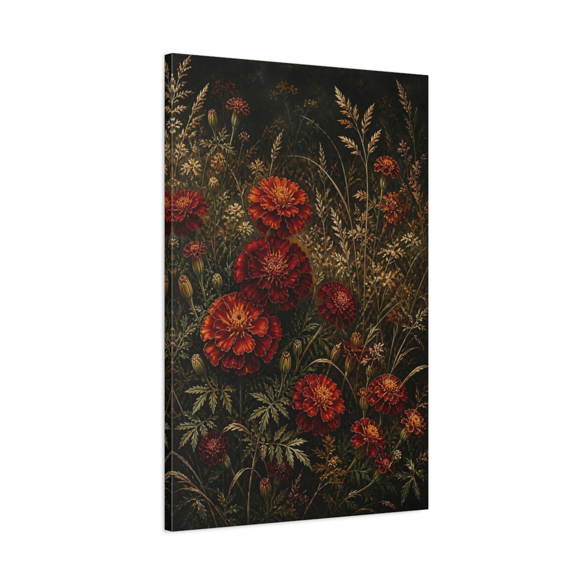 Main Mockup. Floral Marigolds Red And Gold Flowers shown as stretched canvas wall art