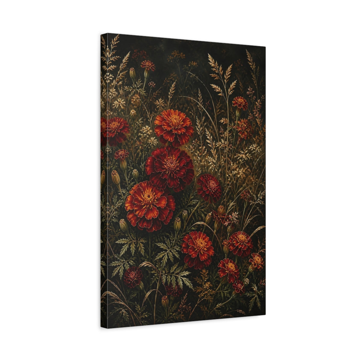 Side Mockup 3. Floral Marigolds Red And Gold Flowers shown as stretched canvas wall art