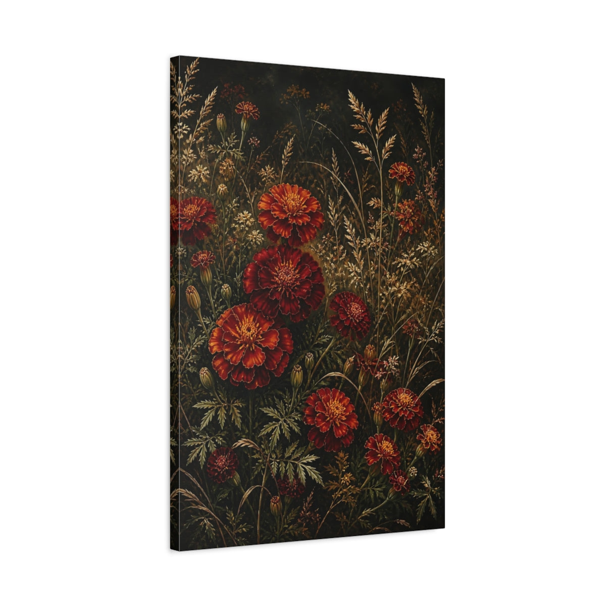 Side Mockup 2. Floral Marigolds Red And Gold Flowers shown as stretched canvas wall art