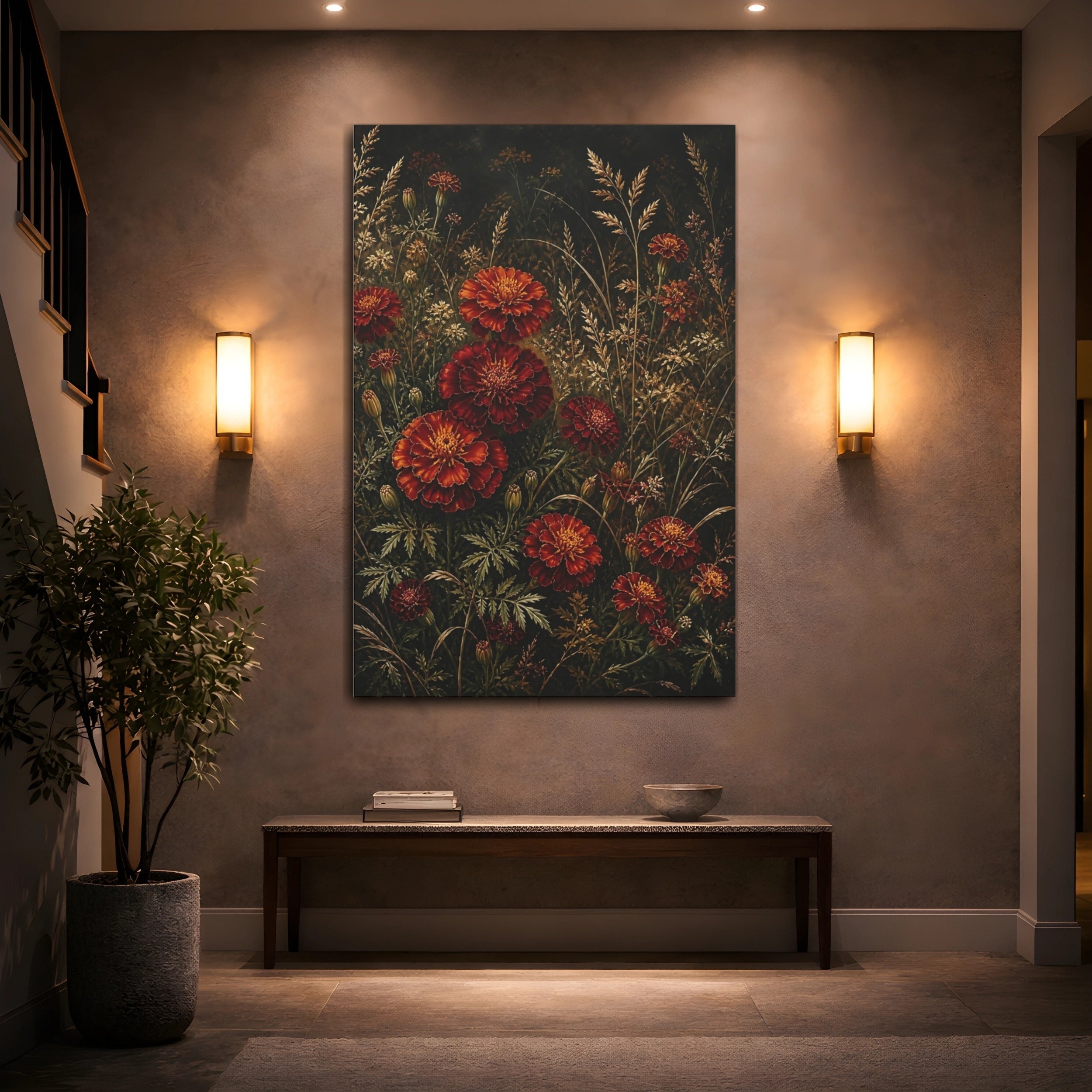 Mockup 2. Floral Marigolds Red And Gold Flowers shown as stretched canvas wall art