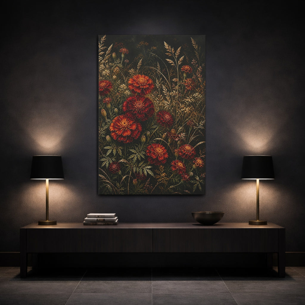 Mockup 3. Floral Marigolds Red And Gold Flowers shown as stretched canvas wall art