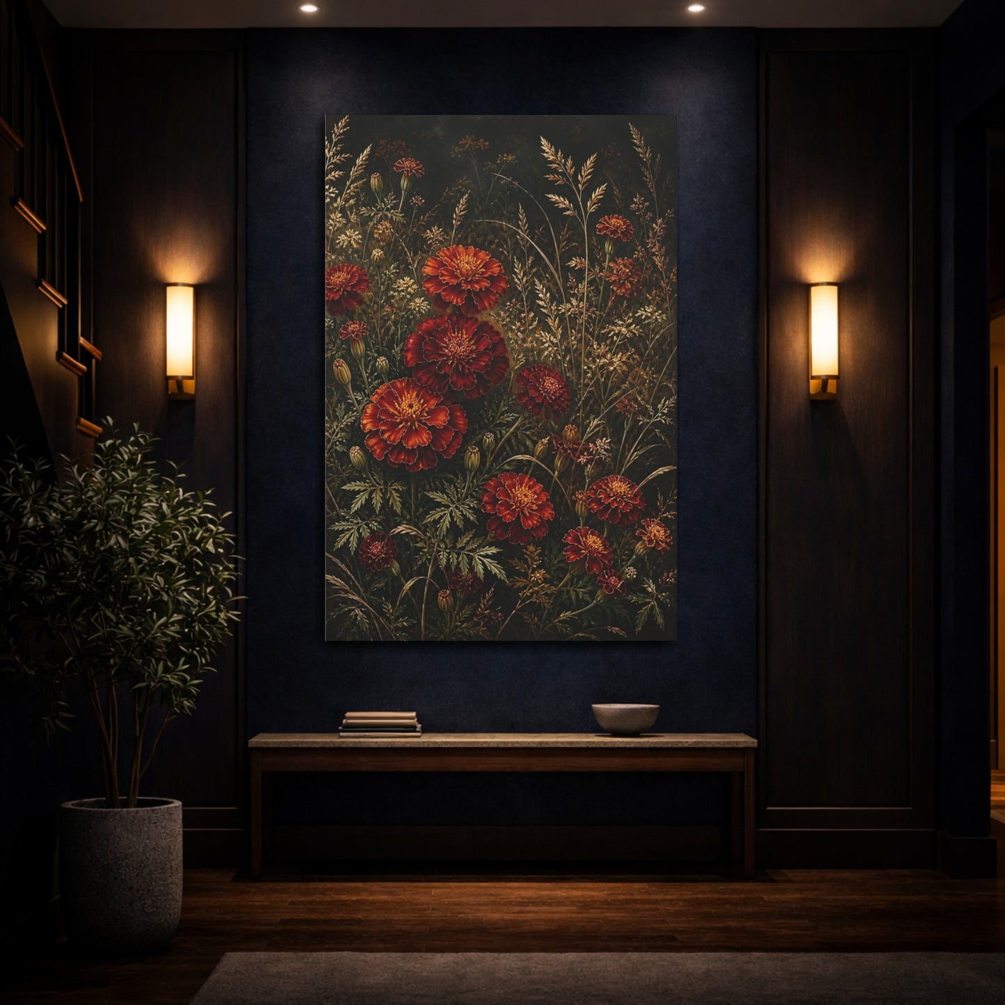 Mockup 4. Floral Marigolds Red And Gold Flowers shown as stretched canvas wall art