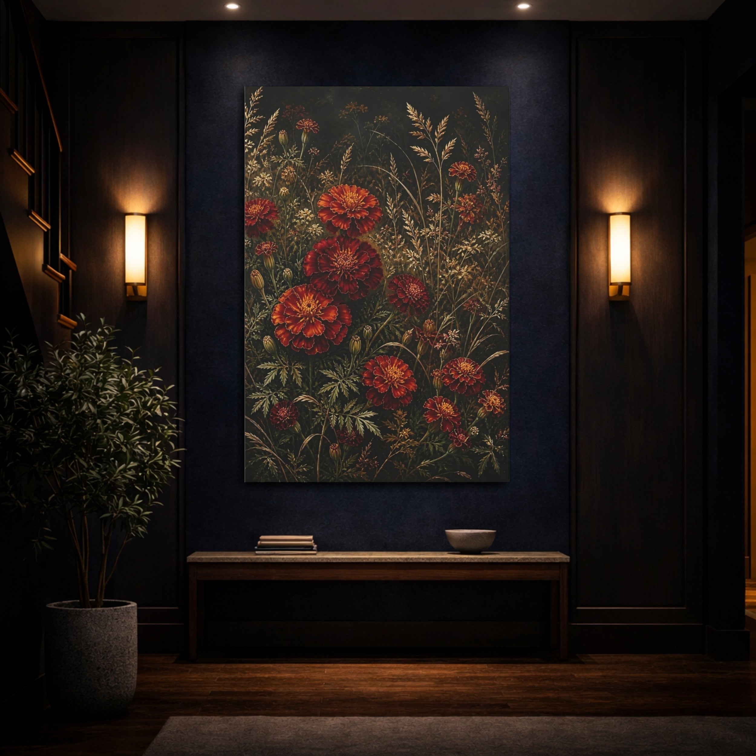 Mockup 4. Floral Marigolds Red And Gold Flowers shown as stretched canvas wall art