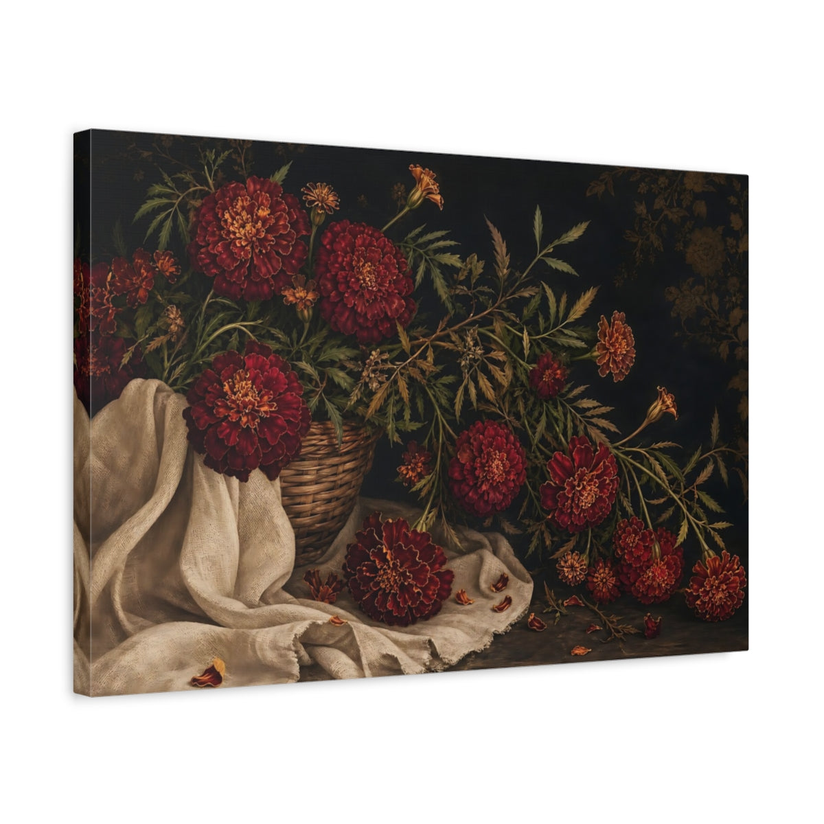 Side Mockup 3. Floral Marigolds Red Marigolds shown as stretched canvas wall art