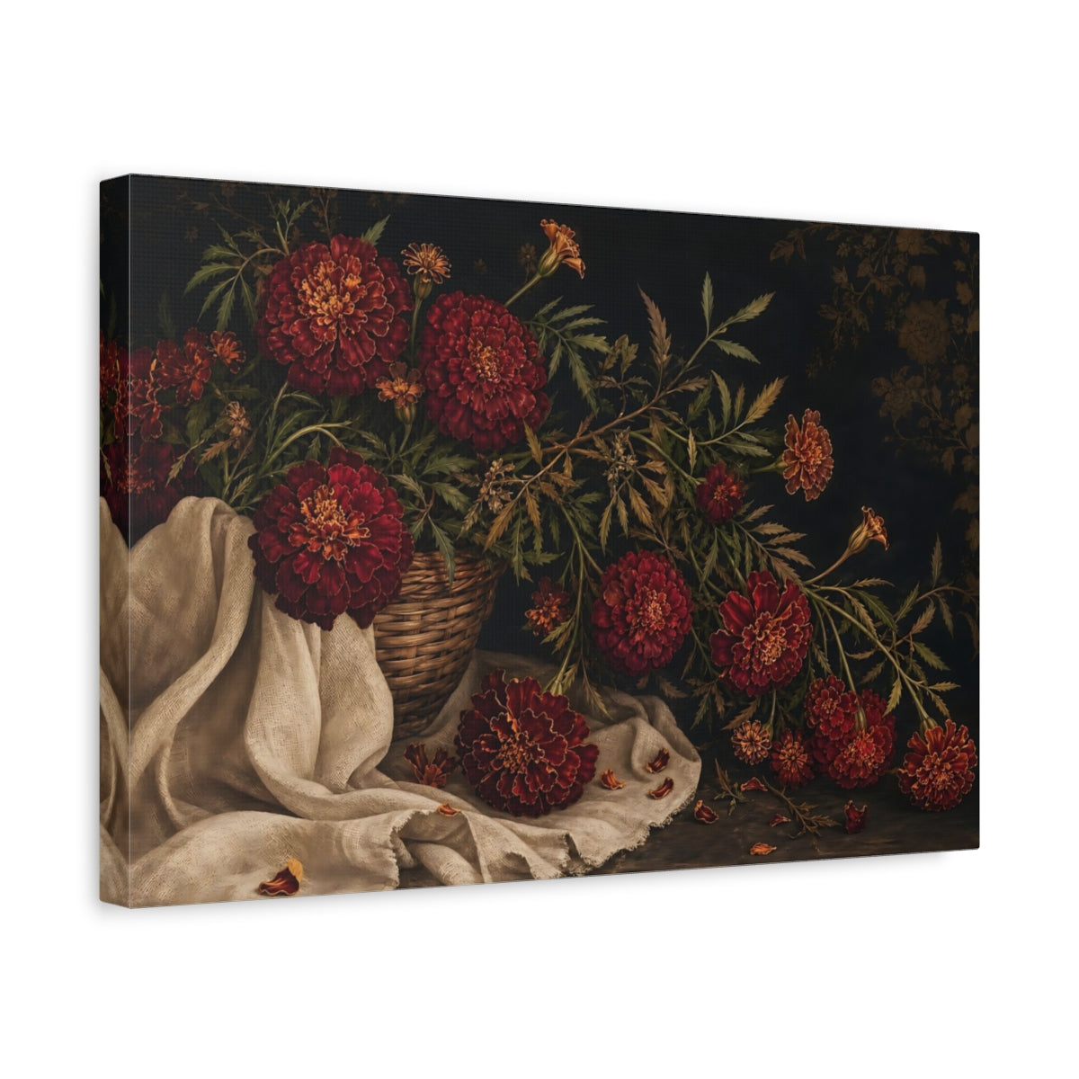 Side Mockup 4. Floral Marigolds Red Marigolds shown as stretched canvas wall art