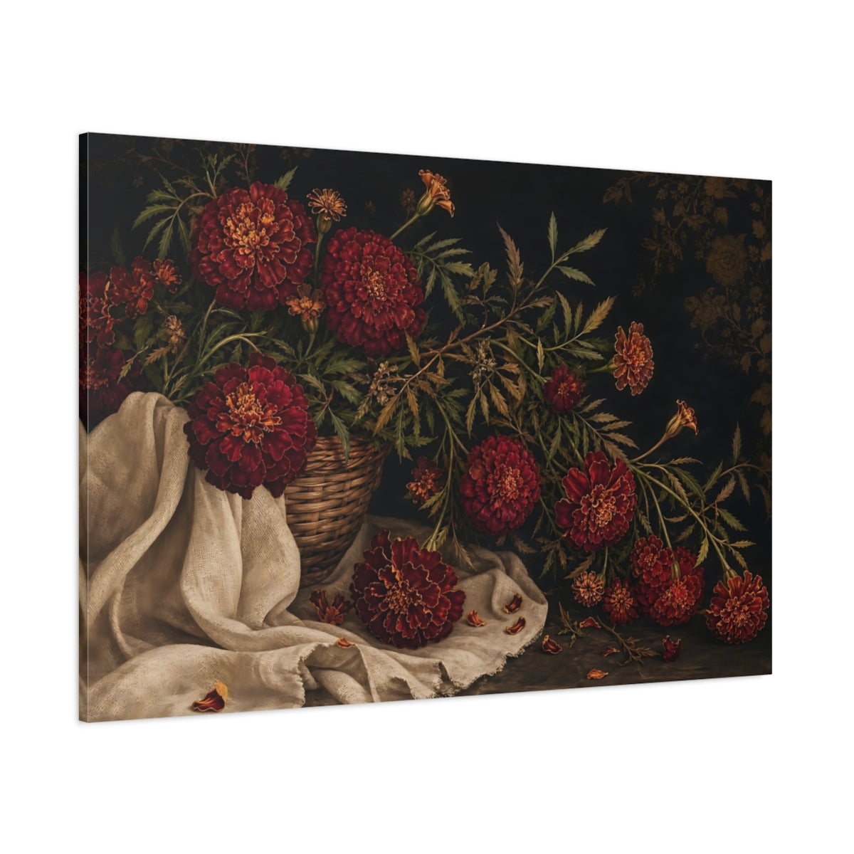Side Mockup 1. Floral Marigolds Red Marigolds shown as stretched canvas wall art