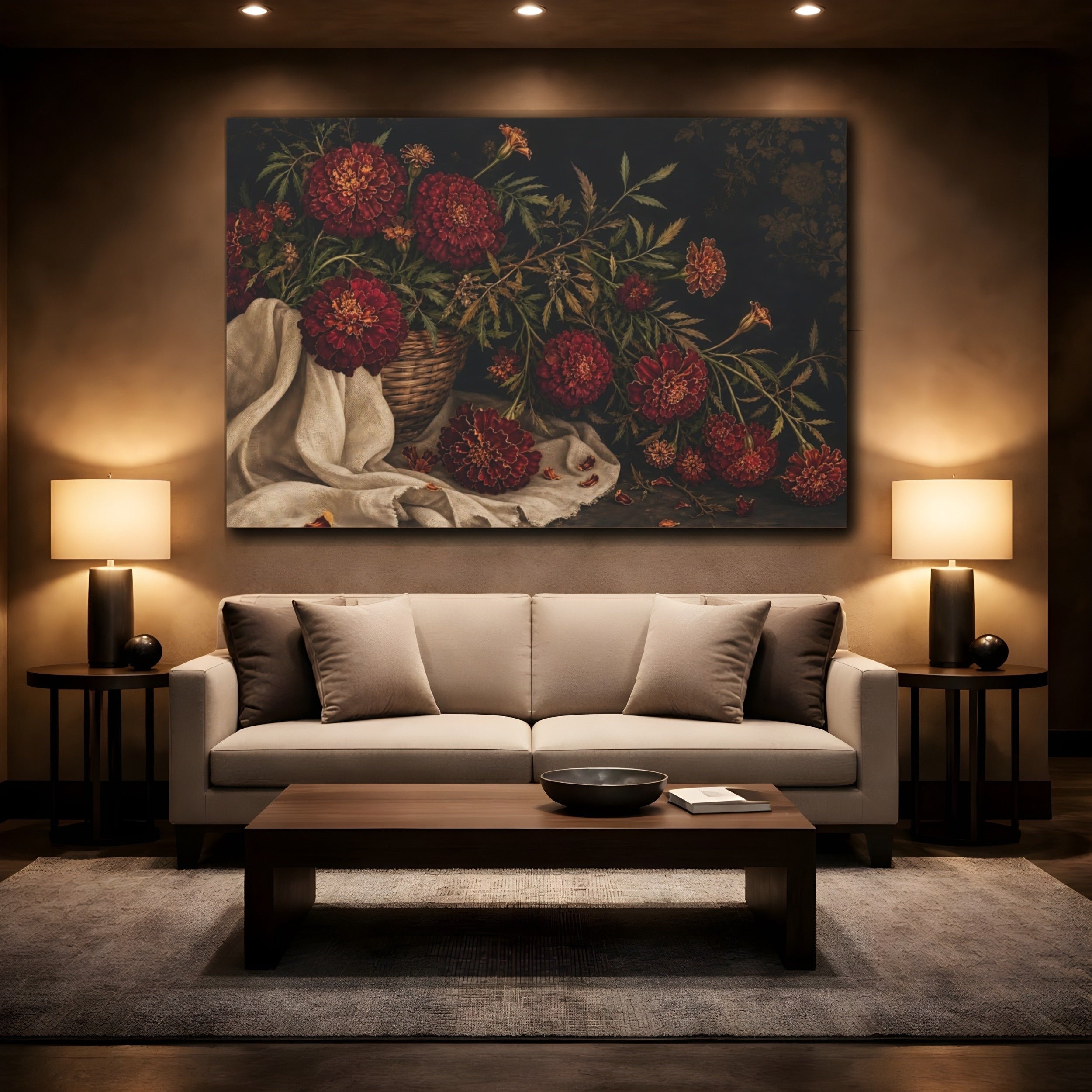 Mockup 2. Floral Marigolds Red Marigolds shown as stretched canvas wall art