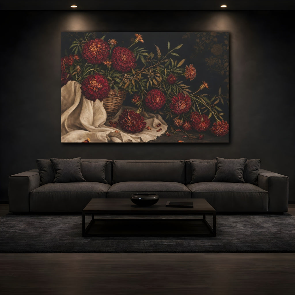 Mockup 3. Floral Marigolds Red Marigolds shown as stretched canvas wall art