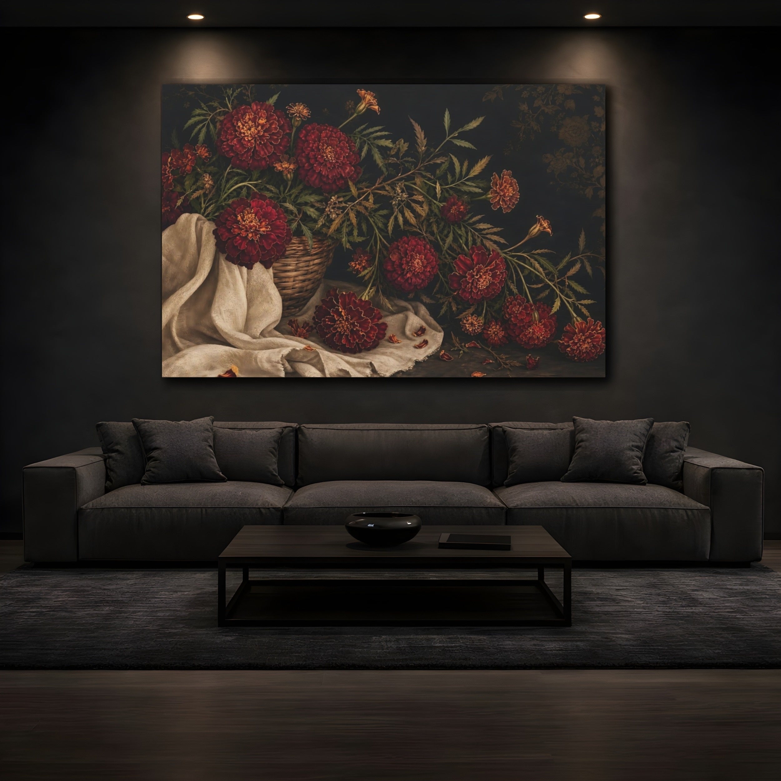 Mockup 3. Floral Marigolds Red Marigolds shown as stretched canvas wall art