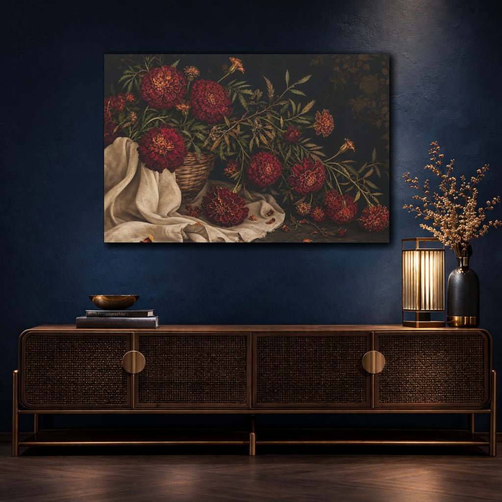 Mockup 4. Floral Marigolds Red Marigolds shown as stretched canvas wall art