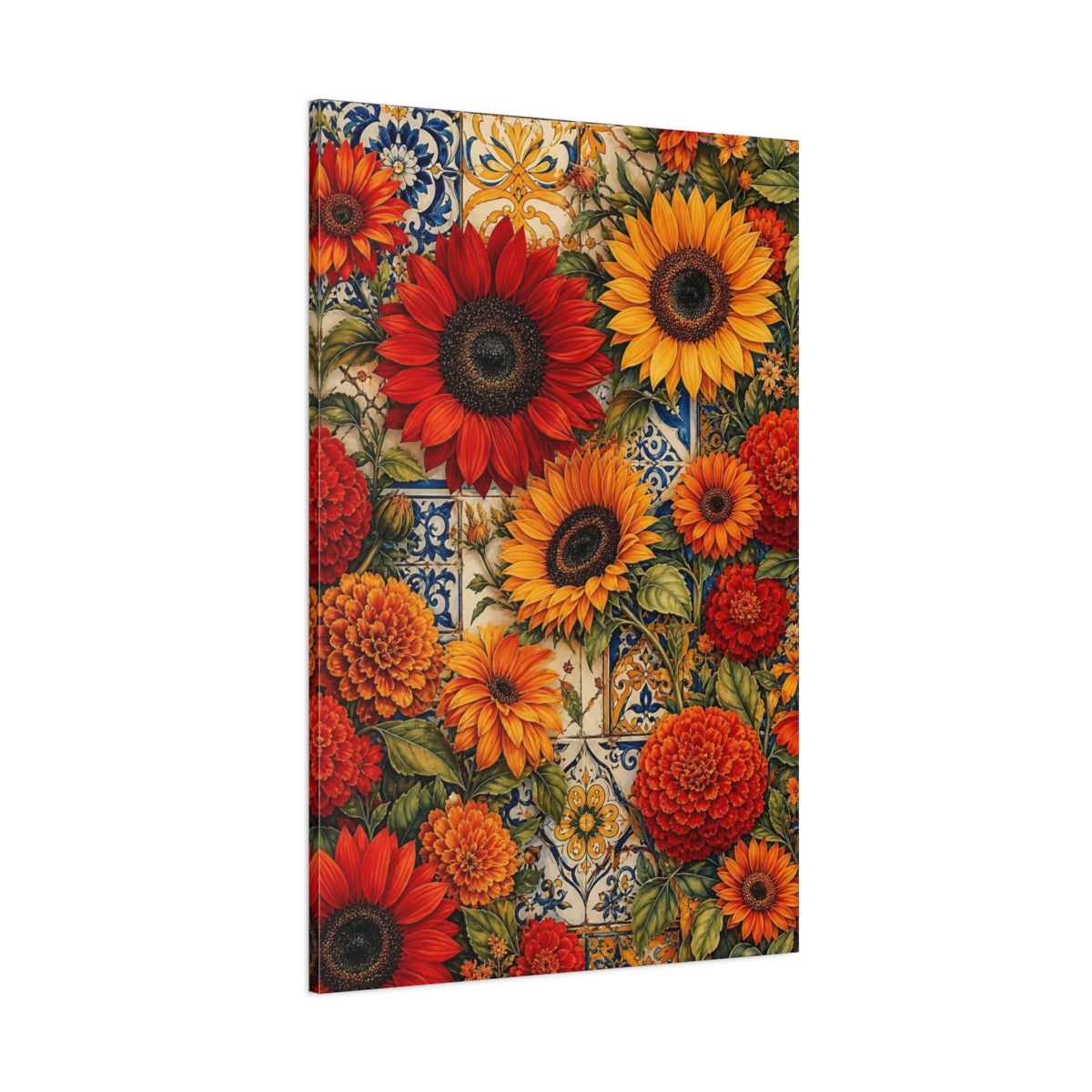 Side Mockup 1. Floral Mixed Flowers Orange Red Floral shown as stretched canvas wall art