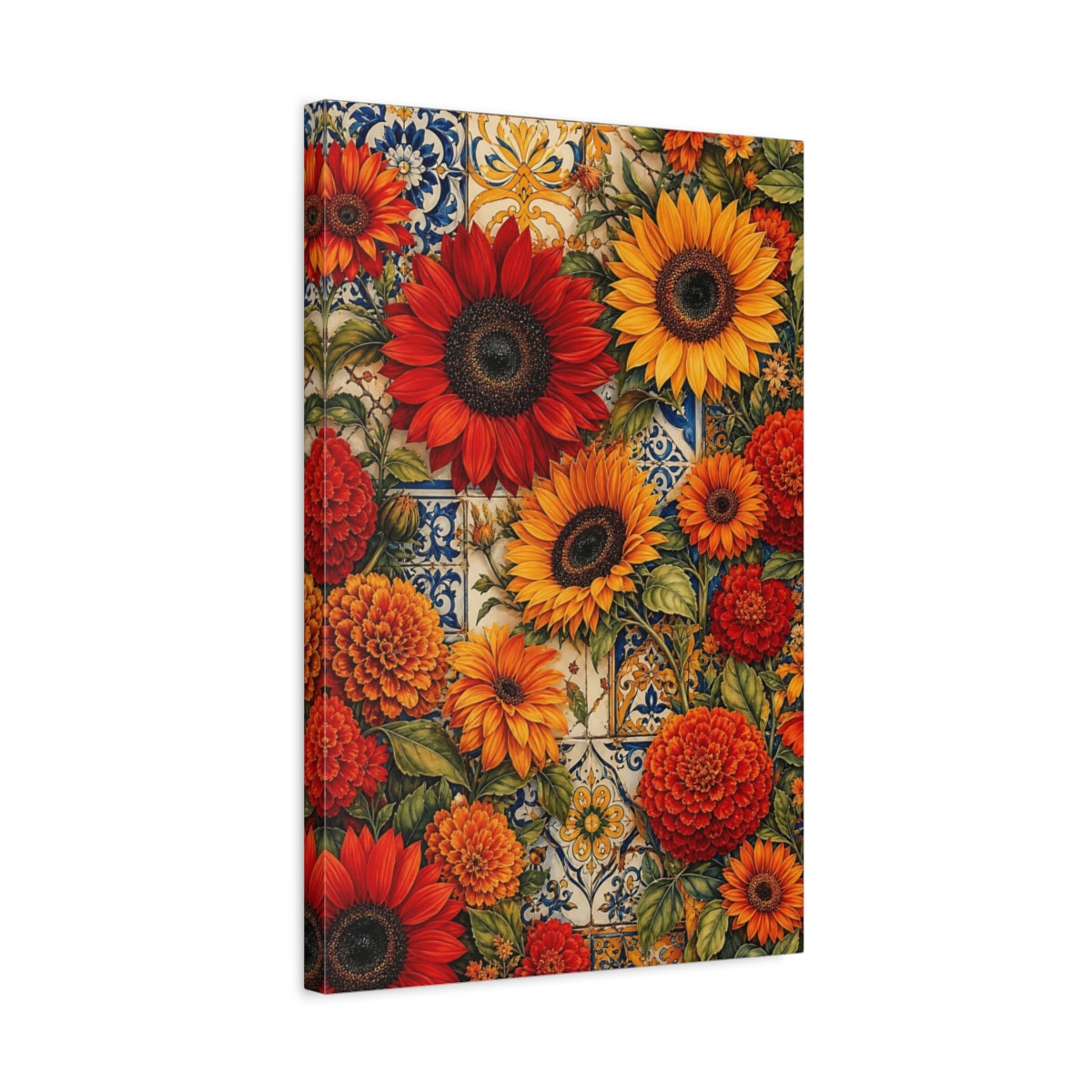 Side Mockup 3. Floral Mixed Flowers Orange Red Floral shown as stretched canvas wall art