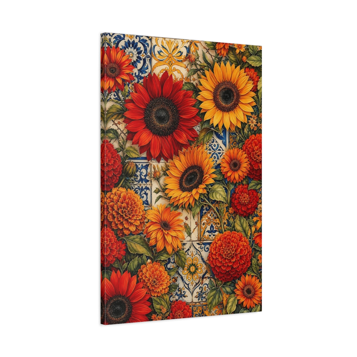 Main Mockup. Floral Mixed Flowers Orange Red Floral shown as stretched canvas wall art