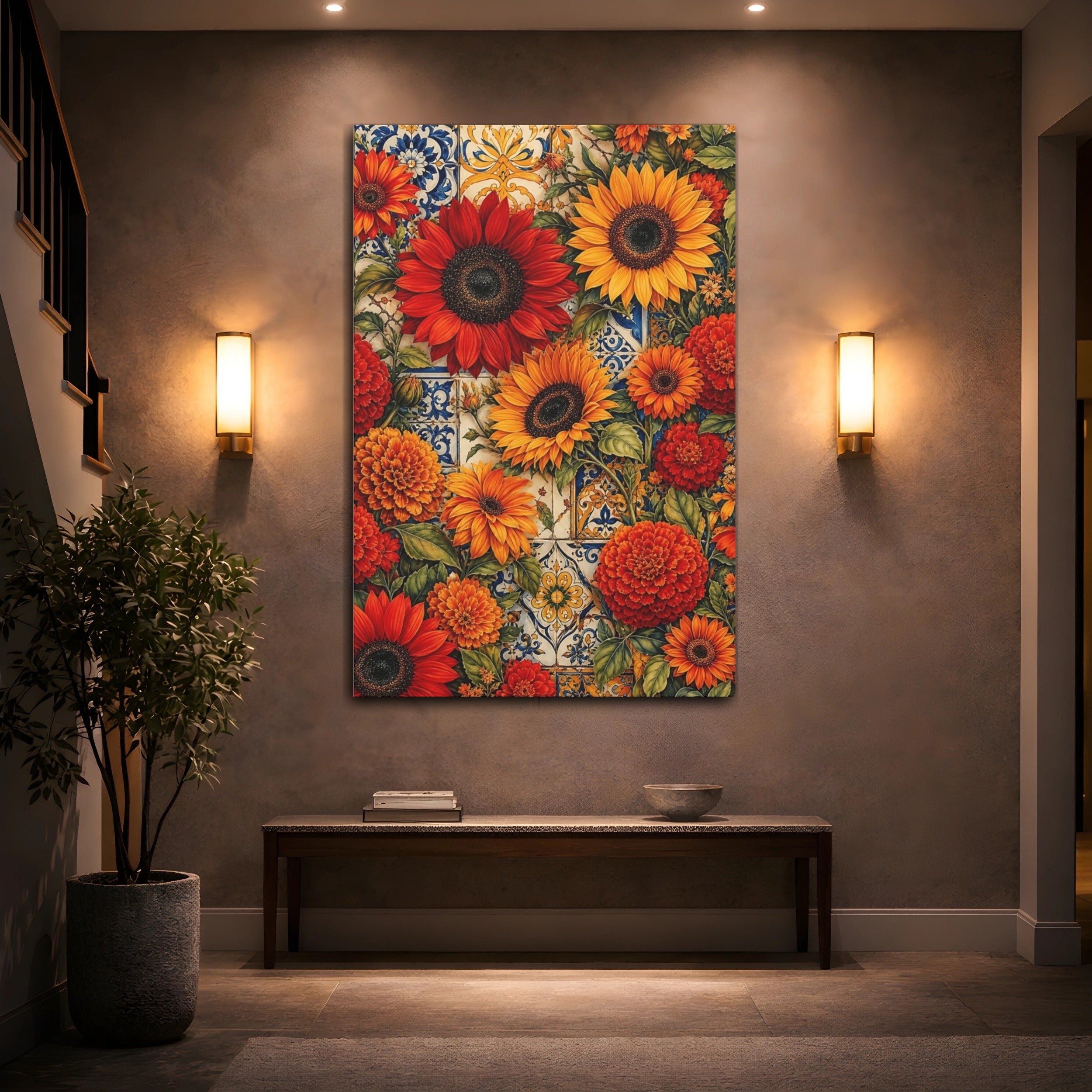 Mockup 2. Floral Mixed Flowers Orange Red Floral shown as stretched canvas wall art