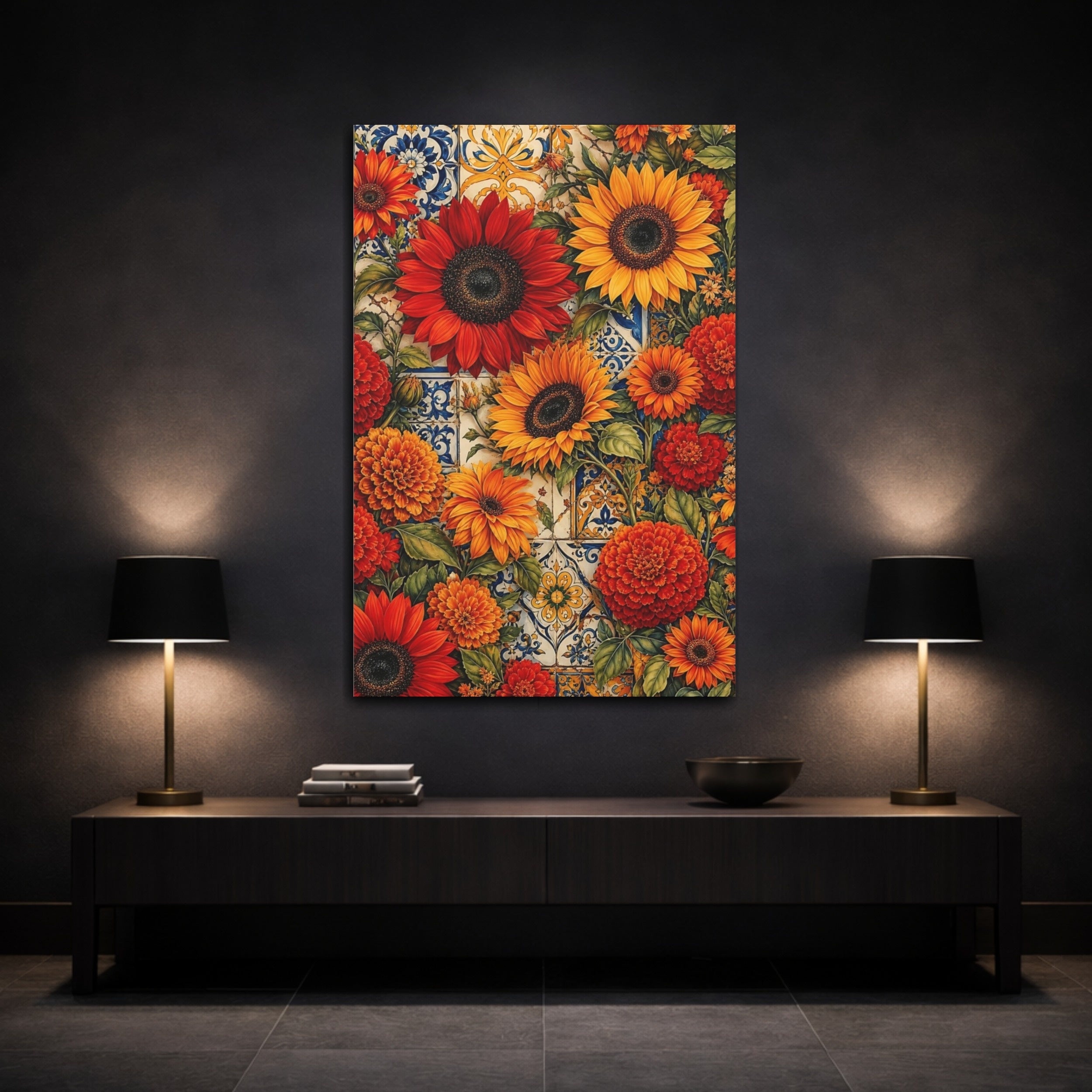Mockup 3. Floral Mixed Flowers Orange Red Floral shown as stretched canvas wall art