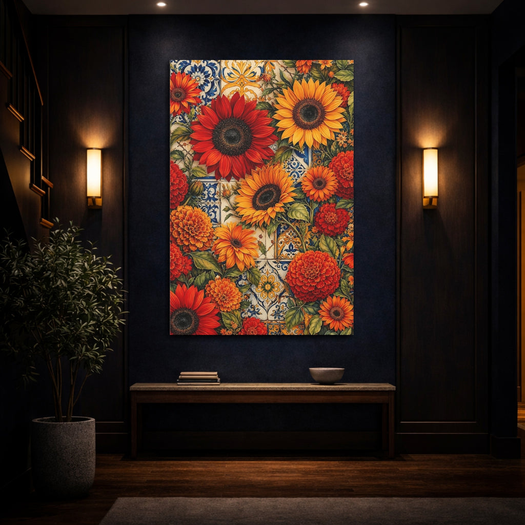 Mockup 4. Floral Mixed Flowers Orange Red Floral shown as stretched canvas wall art