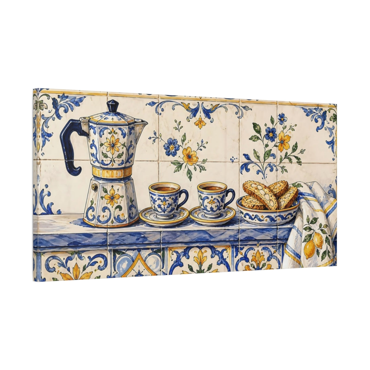 Main Mockup. Floral Moka Pot Blue And Yellow shown as canvas print