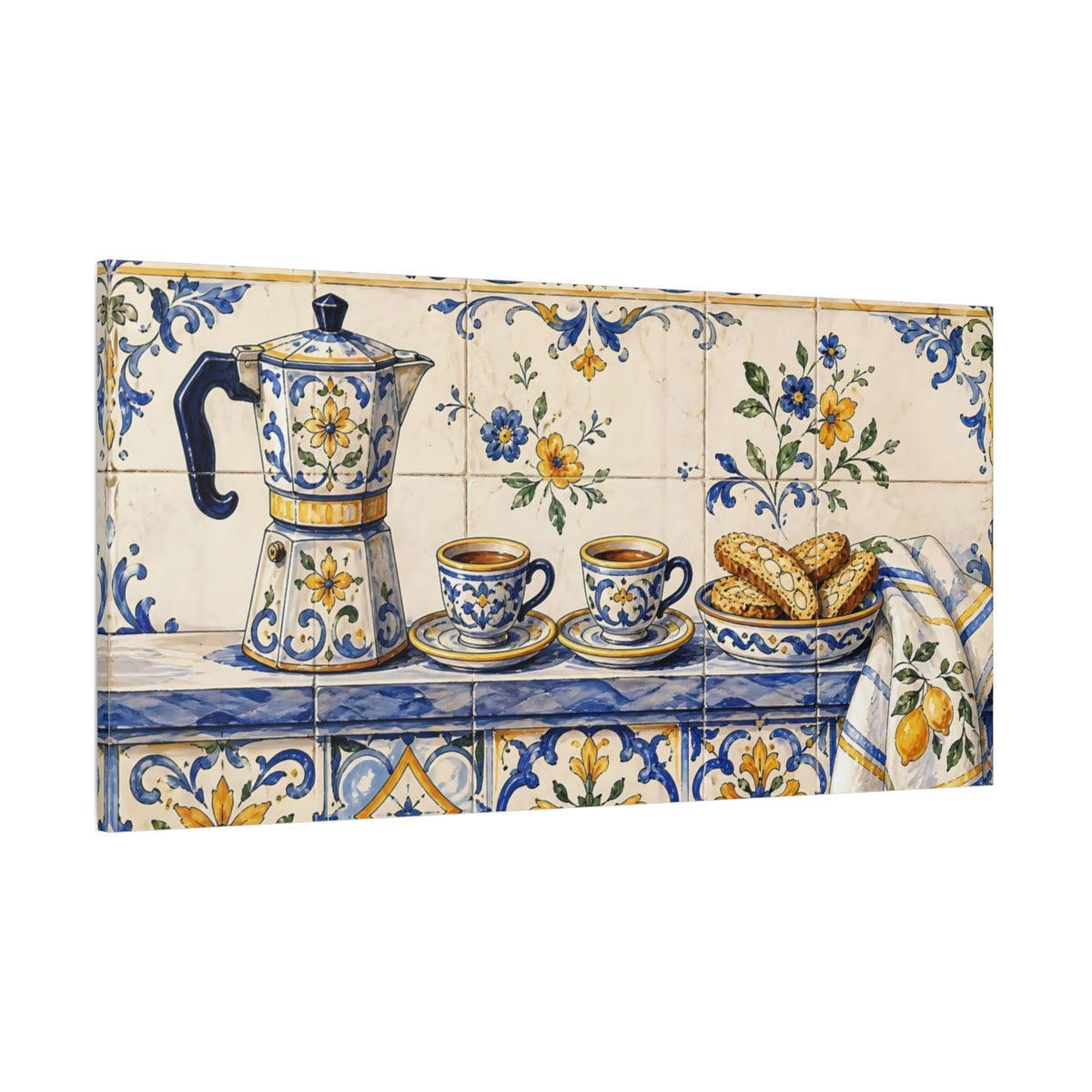 Side Mockup 2. Floral Moka Pot Blue And Yellow shown as canvas print