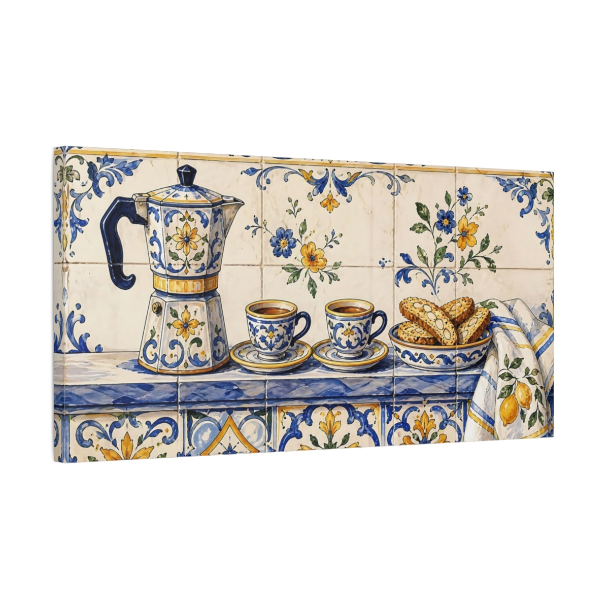 Side Mockup 1. Floral Moka Pot Blue And Yellow shown as canvas print