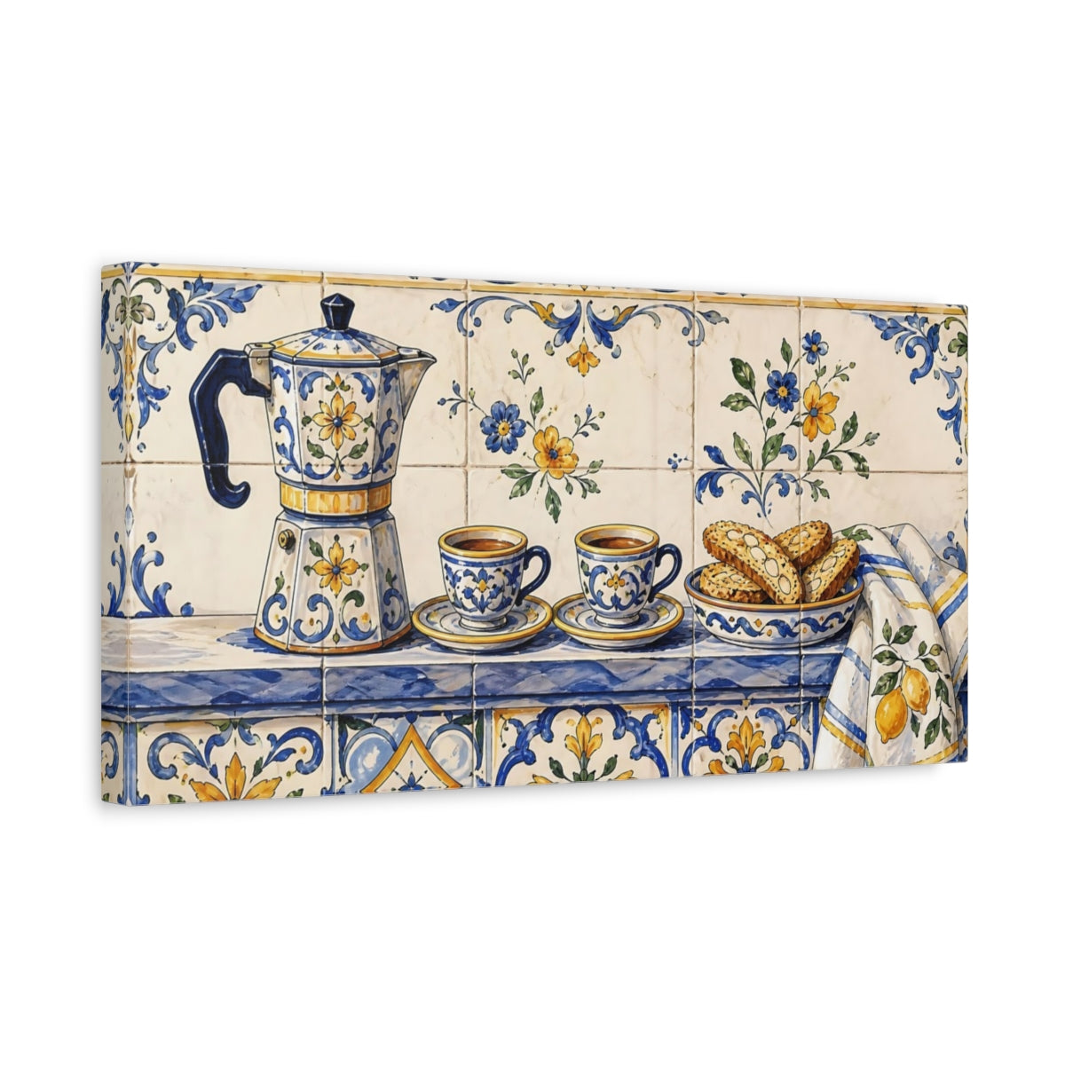 Side Mockup 3. Floral Moka Pot Blue And Yellow shown as canvas print