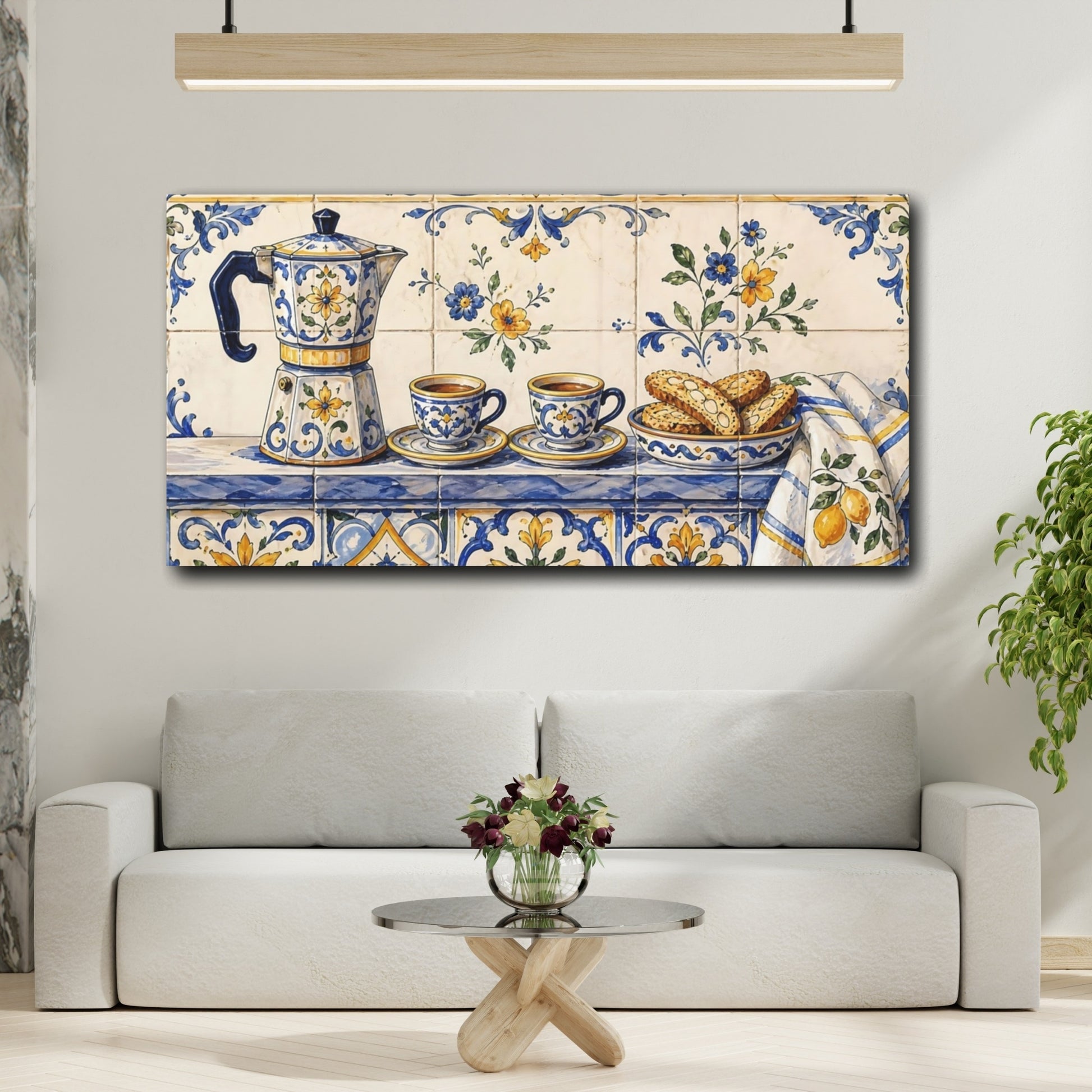 Mockup 2. Floral Moka Pot Blue And Yellow shown as canvas print