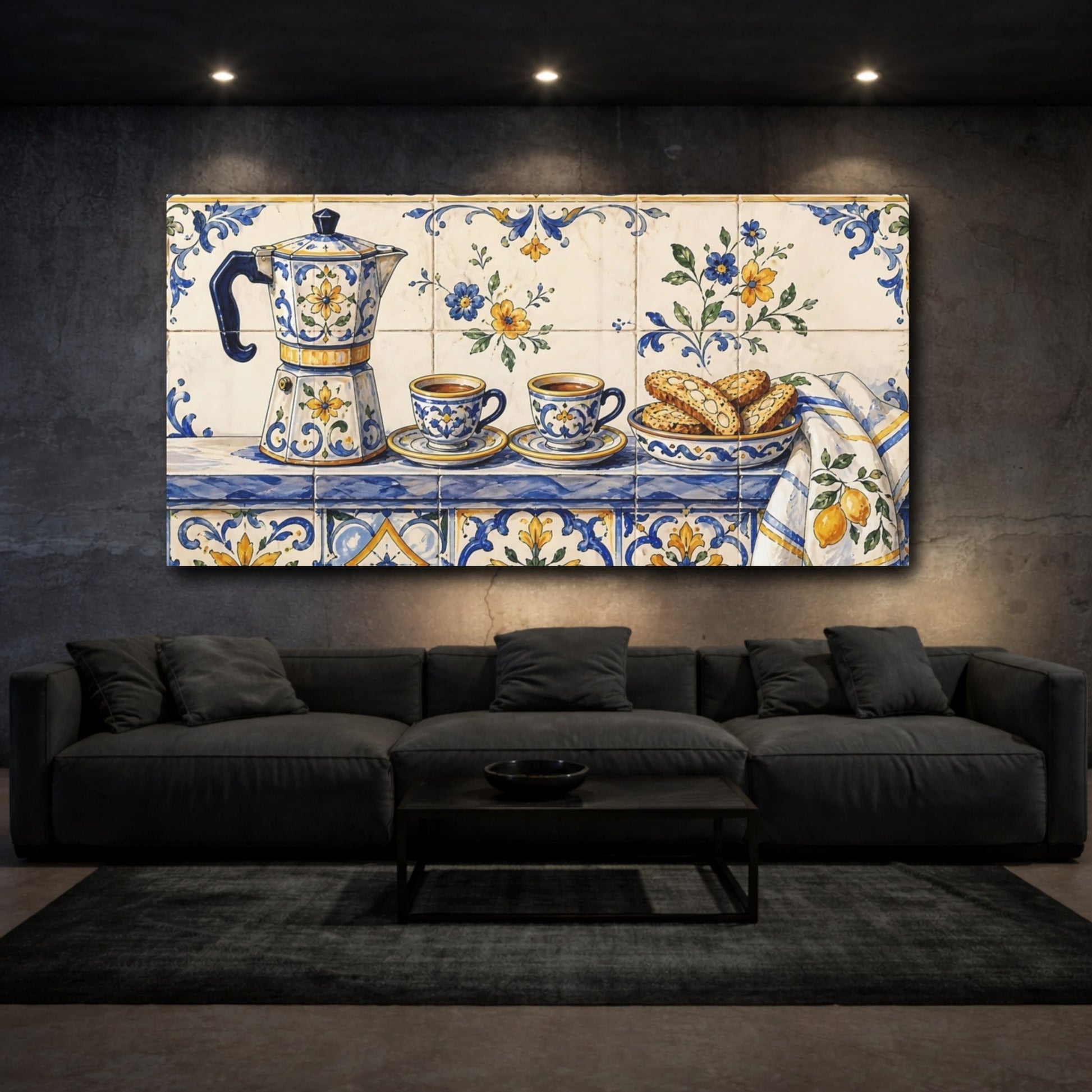 Mockup 3. Floral Moka Pot Blue And Yellow shown as canvas print