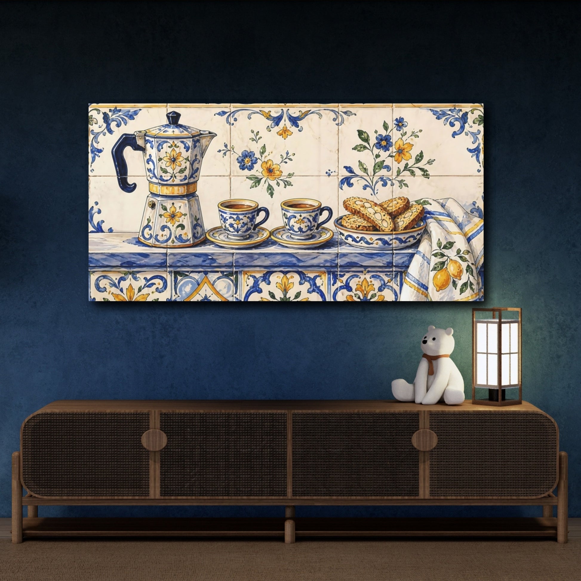 Mockup 4. Floral Moka Pot Blue And Yellow shown as canvas print
