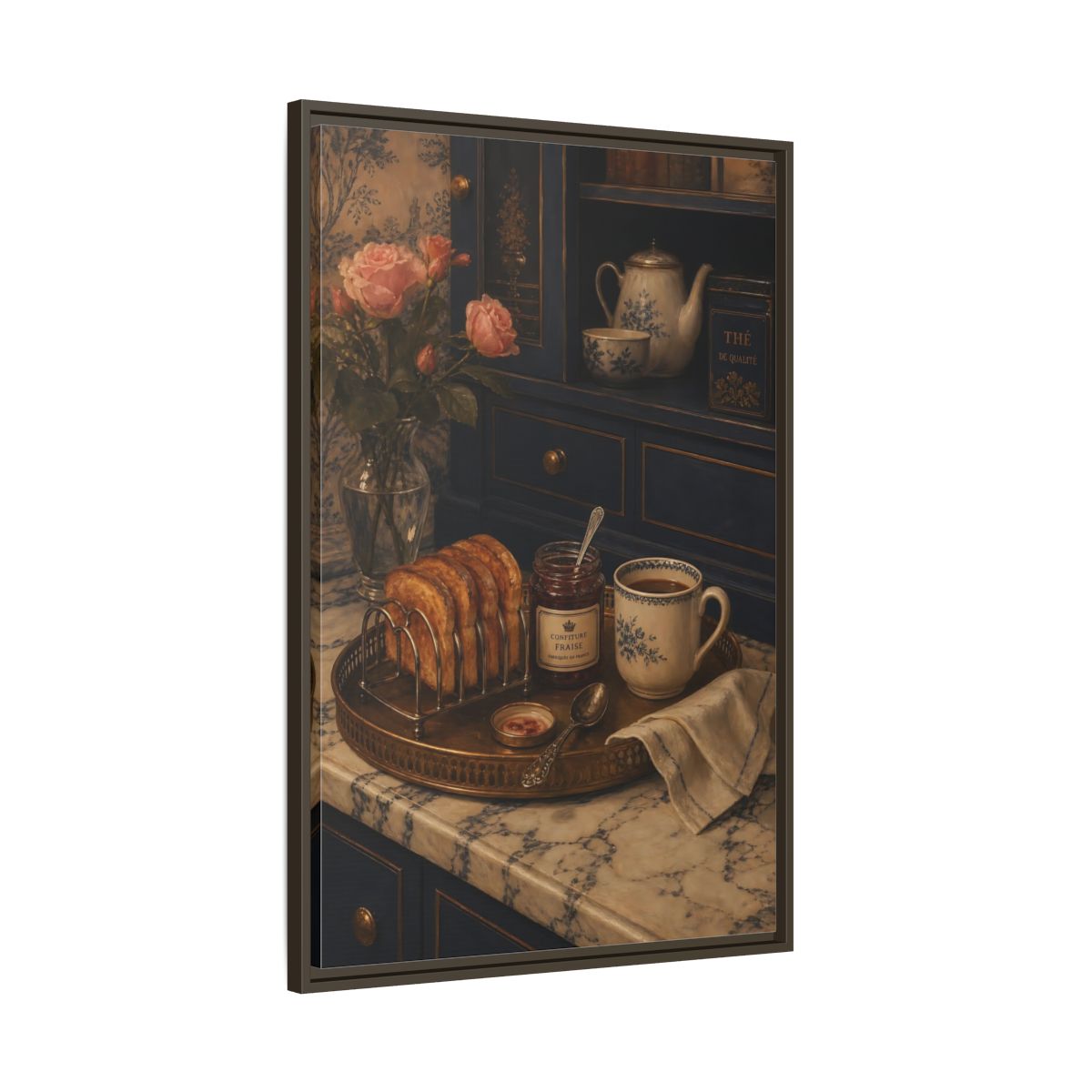 Main Mockup. Floral Morning Breakfast Vintage Morning Tea shown as framed canvas print
