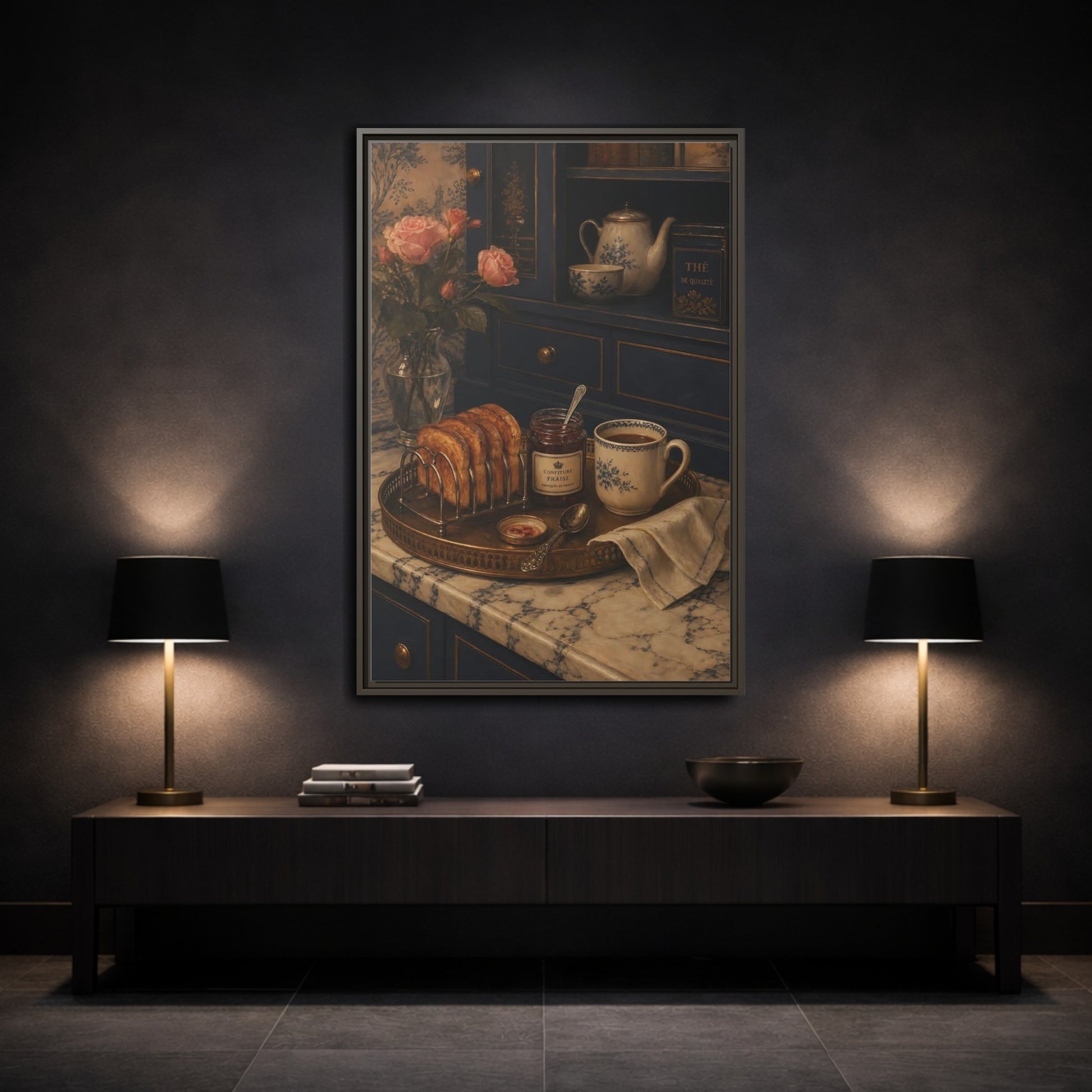 Mockup 2. Floral Morning Breakfast Vintage Morning Tea shown as framed canvas print