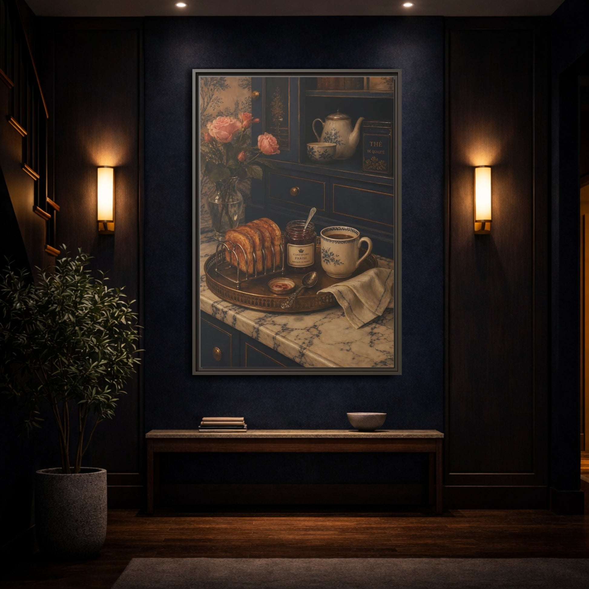 Mockup 4. Floral Morning Breakfast Vintage Morning Tea shown as framed canvas print