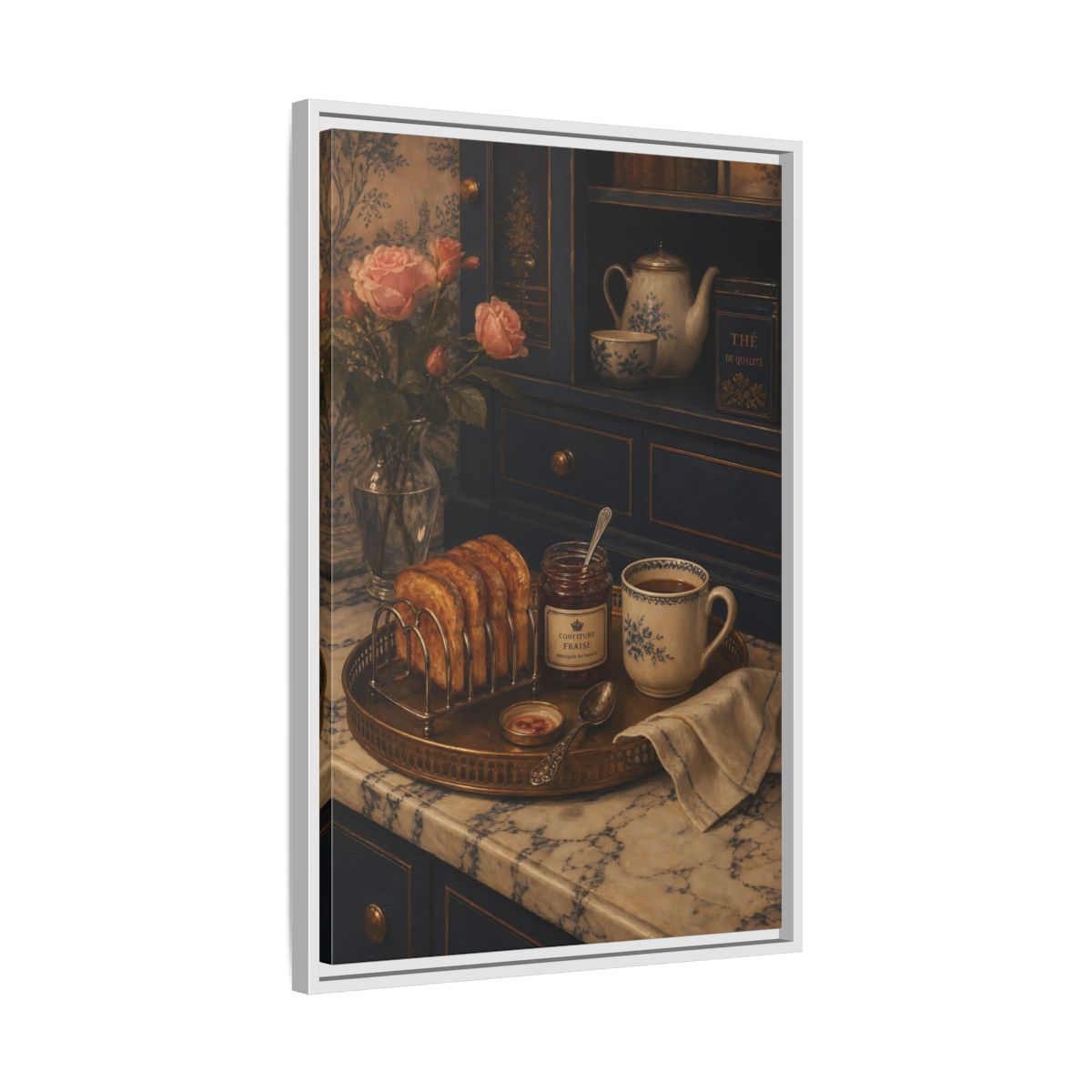 Side Mockup 10. Floral Morning Breakfast Vintage Morning Tea shown as framed canvas print