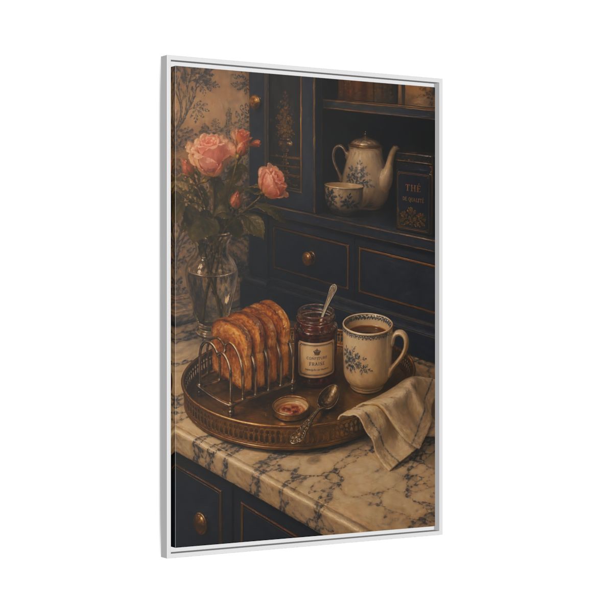 Side Mockup 7. Floral Morning Breakfast Vintage Morning Tea shown as framed canvas print