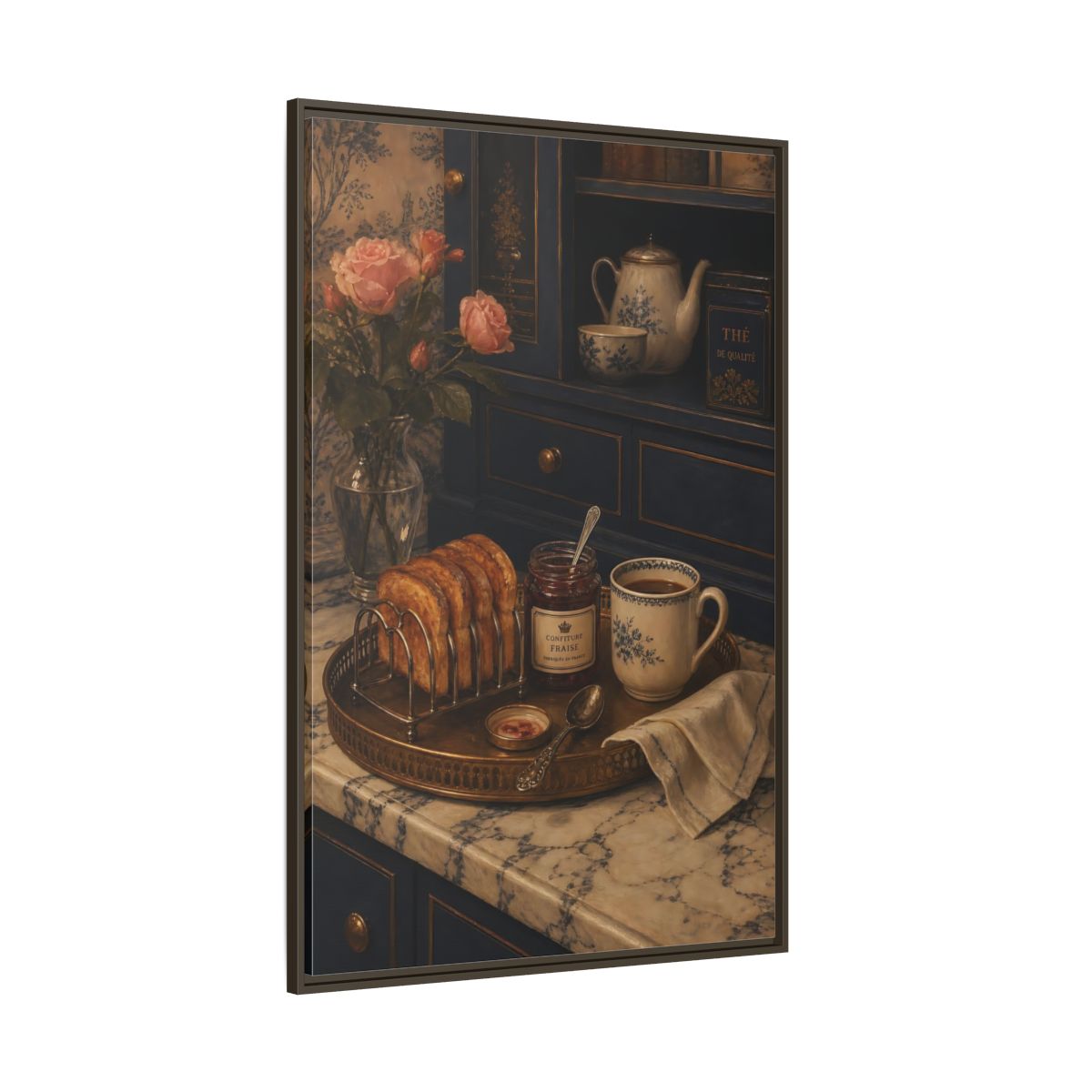 Side Mockup 8. Floral Morning Breakfast Vintage Morning Tea shown as framed canvas print