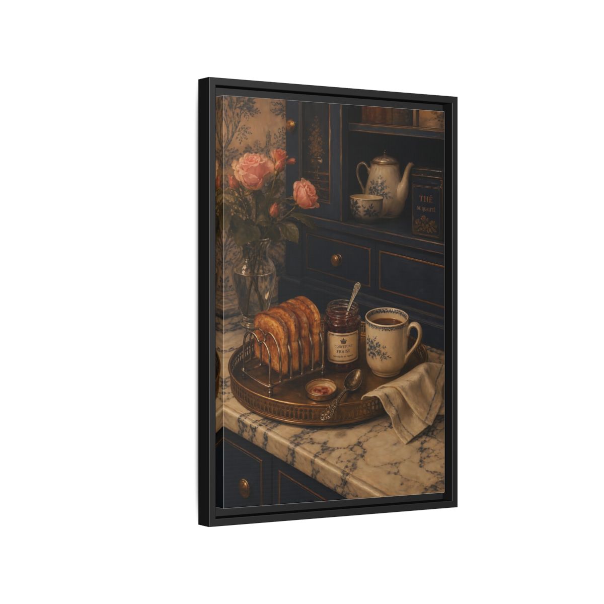 Side Mockup 3. Floral Morning Breakfast Vintage Morning Tea shown as framed canvas print