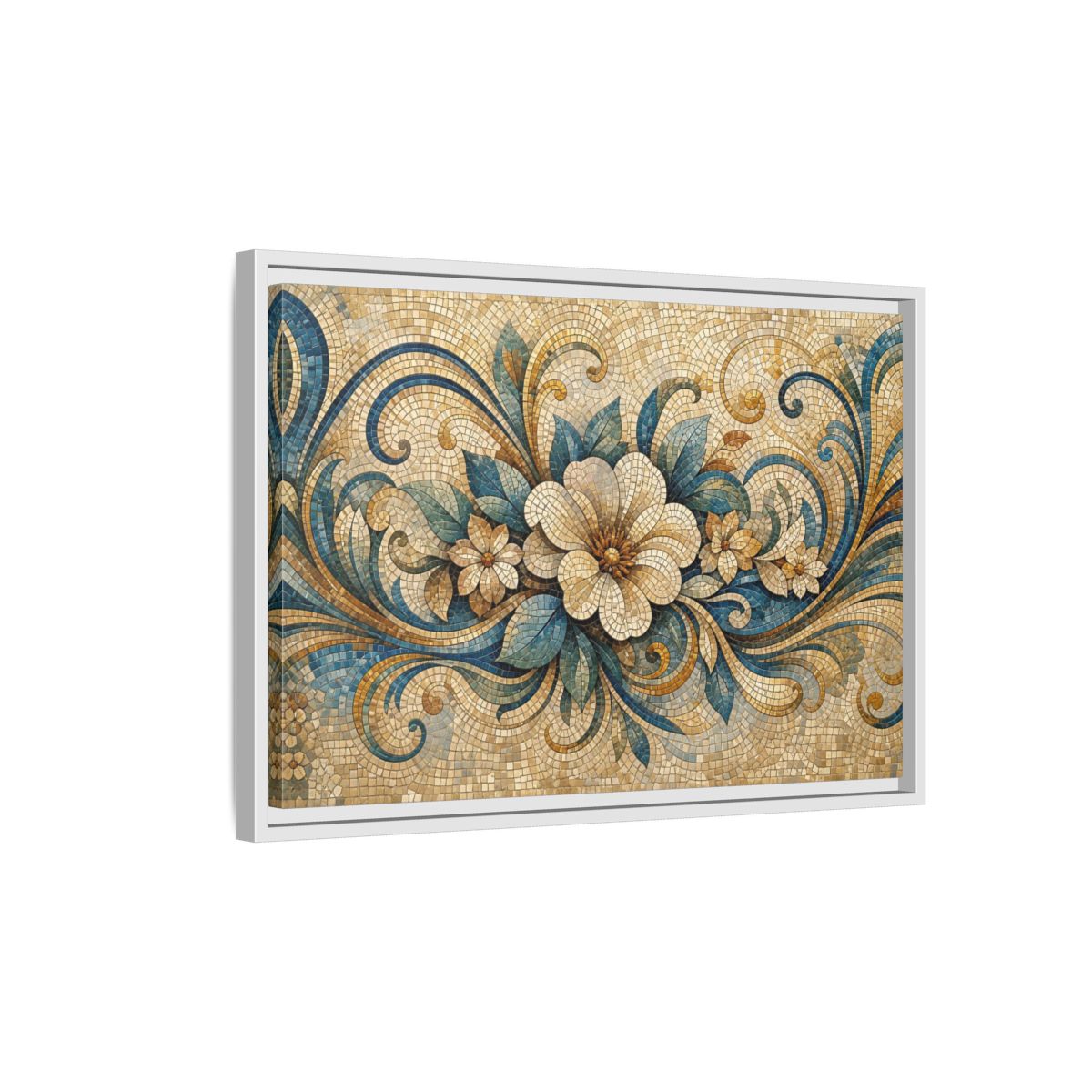 Side Mockup 1. Floral Floral Mosaic Blue And Gold Mosaic shown as stretched canvas wall art