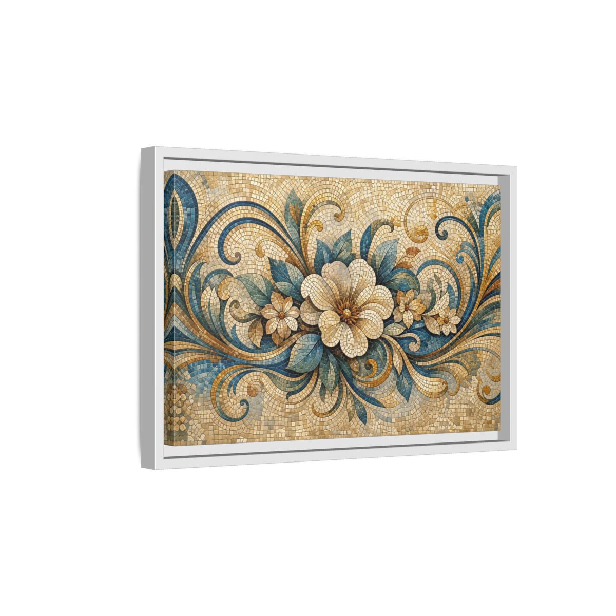 Side Mockup 4. Floral Floral Mosaic Blue And Gold Mosaic shown as stretched canvas wall art